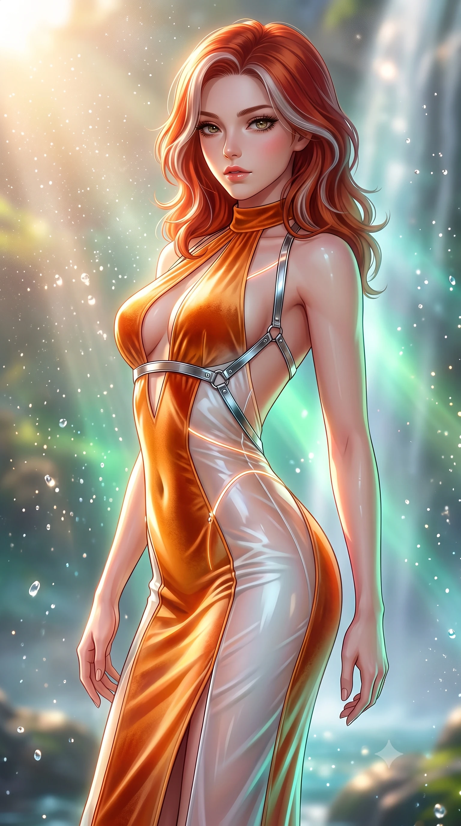 score_9, masterpiece, best quality, ultra-detailed, high-budget anime keyframe, semi-realistic 3D game render, editorial fashion photography, tasteful artistic composition, Caucasian woman. close-up cowboy shot from the waist and thighs up, the character dominates the composition, filling the frame with her large presence. gazing directly into the lens with bedroom eyes and a breathtaking, dangerous allure that commands the entire composition while arching her back in a fluid motion as warm morning sunlight scatters through fine waterfall mist. The composition keeps background elements in soft focus with creamy bokeh. sparkling water droplets scattering bright morning sun motes across a serene backdrop. She has an exceptionally elegant, slender, and willowy female figure with an ultra-slim waist, a gracefully sculpted slender torso, toned flat midriff, and a refined slim silhouette. sharp v-shaped jawline, high-bridge nose, intricate jewel-like eyes with depth, thick eyelashes, glossy lips with a natural sheen, flawlessly proportioned anatomical accuracy, strict slender model proportions, natural body alignment, perfectly sculpted long slender limbs, ultra-slim waistline, clean dynamic posture without body distortion. wearing a velvet halter-neck midi dress fitting her statuesque contour flawlessly with a Tasteful chest slit and open spine in vivid sunset amber orange and cloud white, tailored from semi-translucent cybernetic vinyl with glowing micro-filaments, reinforced by a sleek metallic chrome harness and delicate glowing micro-straps, the liquid-tight tailored fabric emphasizing every curve of her tall, slender model proportions and sculptured silhouette during dynamic movement. bathed in bright morning sunbeams penetrating waterfall mist with radiant green and cyan ambient glow. highly saturated vibrant anime colors, detailed shading with soft gradients, rich glossy textures, high-contrast stereoscopic depth, volumetric dynamic lighting, master piece, 9:16 ratio