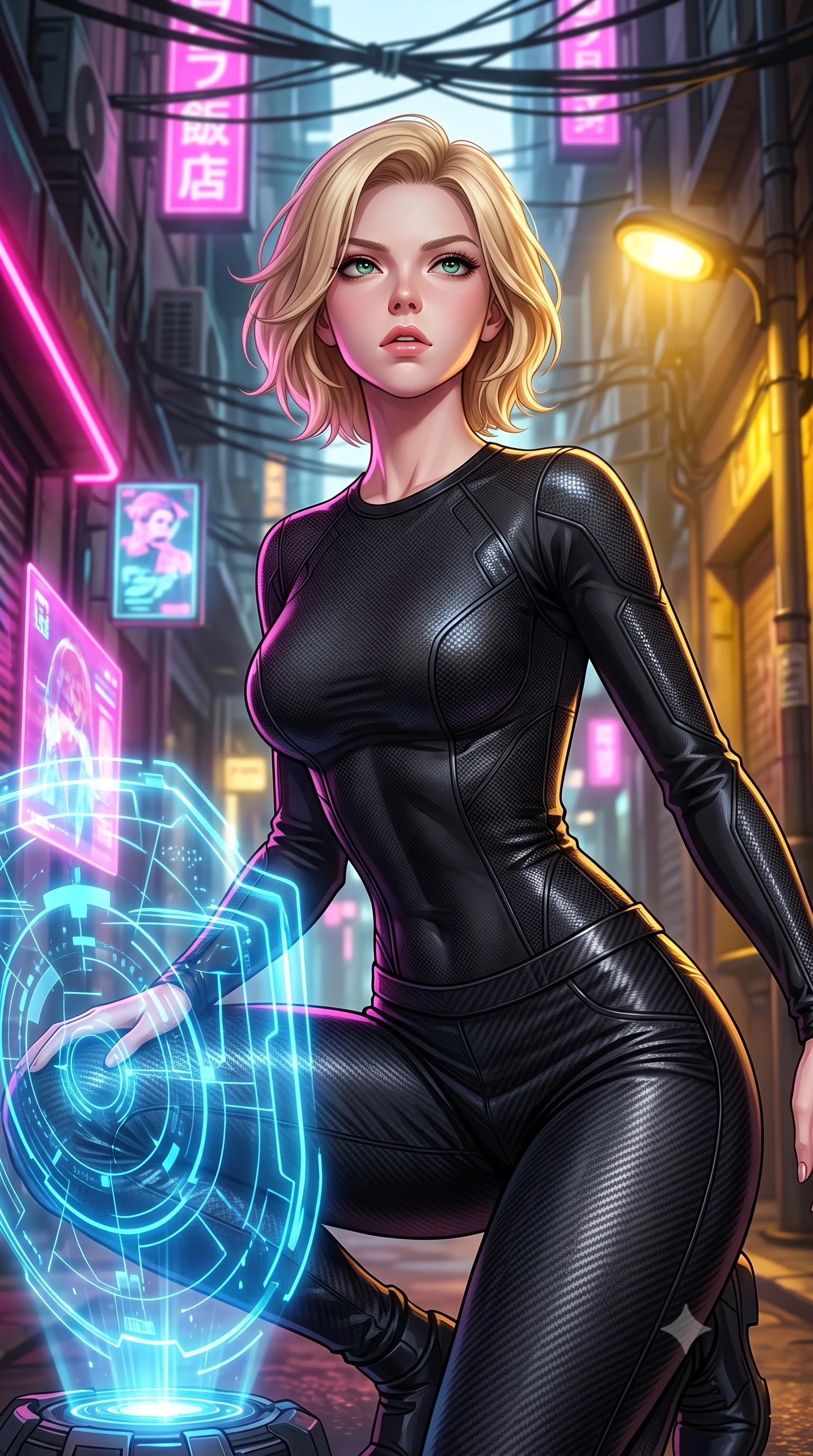 score_9, masterpiece, best quality, ultra-detailed, high-budget anime keyframe, editorial fashion photography, tasteful artistic composition, Caucasian woman. close-up cowboy shot from the waist and thighs up, the character dominates the composition, filling the frame with her large presence, background elements kept in soft focus. crouching slightly behind a glowing holographic shield emitter, looking up with defiance and lips slightly parted, the background shows a soft-focus a narrow cyber-bazaar alleyway under a dense canopy of hanging cables and wires. She has an exceptionally elegant, slender, and willowy female figure with an ultra-slim waist, a gracefully sculpted slender torso, and a refined silhouette. sharp v-shaped jawline, high-bridge nose, intricate jewel-like eyes with depth, thick eyelashes, glossy lips with a natural sheen. wearing a slim-fit form-fitting carbon-weave long-sleeve top paired with tight-fitting black carbon-fiber pants. warm sodium yellow streetlamps contrasting with sharp electric pink accents. highly saturated vibrant anime colors, detailed shading with soft gradients, rich glossy textures, high-contrast stereoscopic depth, volumetric dynamic lighting, master piece, 9:16 ratio