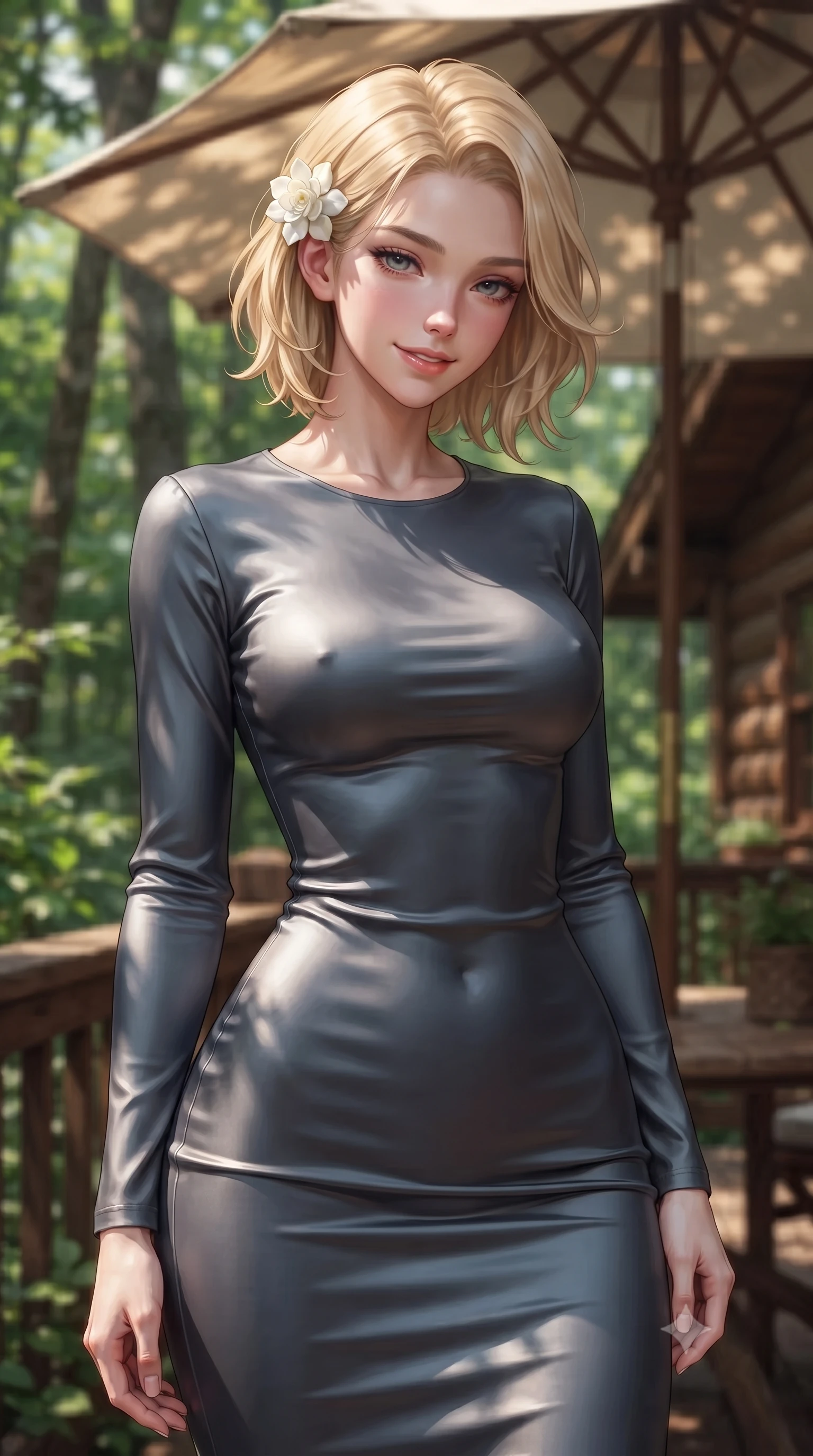 score_9, masterpiece, best quality, ultra-detailed, high-budget anime keyframe, editorial fashion photography, tasteful artistic composition, Caucasian woman. close-up cowboy shot from the waist and thighs up, the character dominates the composition, filling the frame with her large presence, background elements kept in soft focus. looking down at the camera beneath lowered lashes with a quiet, alluring confidence set against a soft-focus background of on a rustic wooden veranda of a cozy forest lodge surrounded by greenery holding a delicate white flower behind her ear with a lovely, cheerful look. She has an exceptionally elegant, slender, and willowy female figure with an ultra-slim waist, a gracefully sculpted slender torso, and a refined silhouette. sharp v-shaped jawline, high-bridge nose, intricate jewel-like eyes with depth, thick eyelashes, glossy lips with a natural sheen. wearing tailored body-hugging long-sleeve silk dress in slate grey, following her form elegantly. dappled sunlight filtering through the canvas umbrella onto her skin. highly saturated vibrant anime colors, detailed shading with soft gradients, rich glossy textures, high-contrast stereoscopic depth, volumetric dynamic lighting, master piece, 9:16 ratio