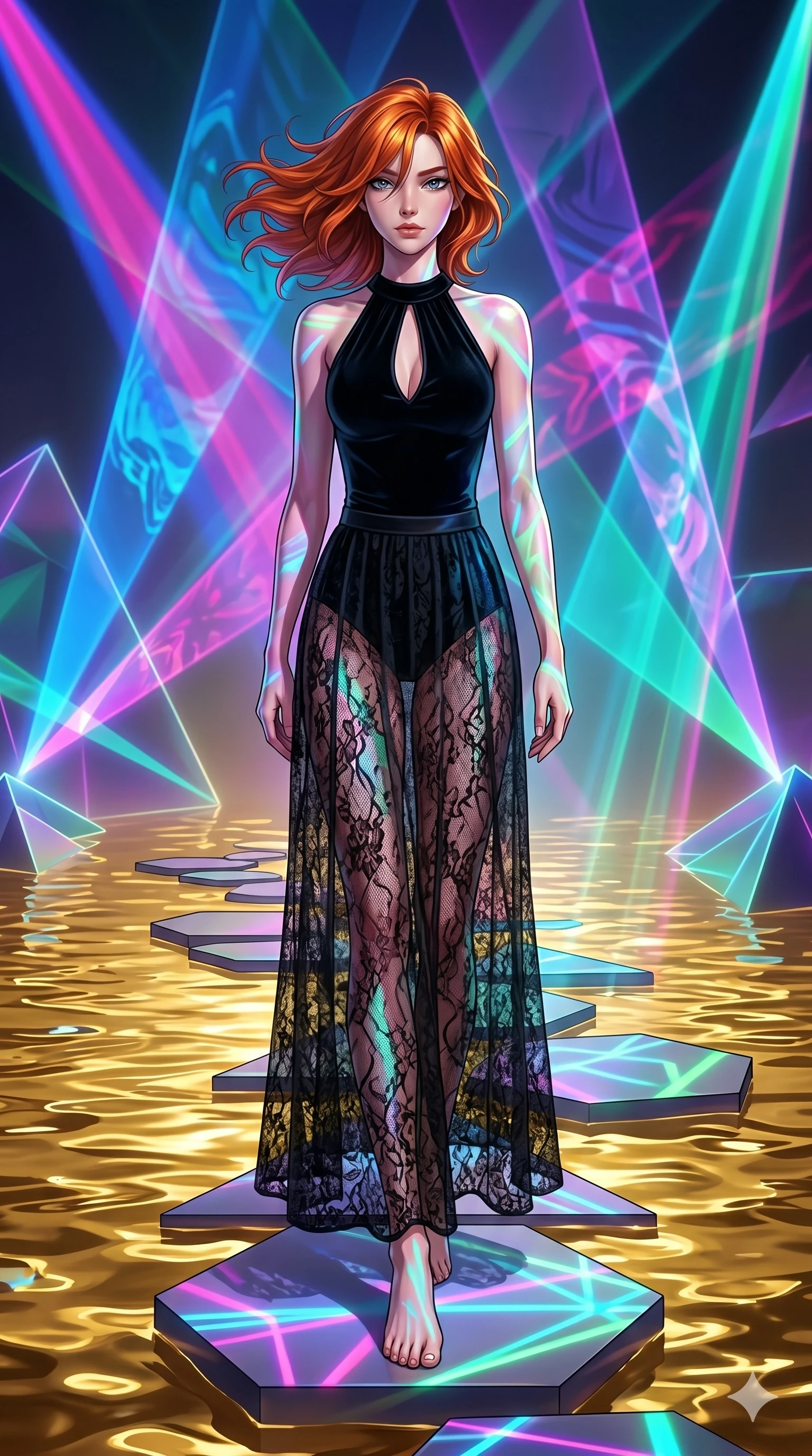 score_9, masterpiece, best quality, ultra-detailed, high-budget anime keyframe, editorial fashion photography, tasteful artistic composition, Korean woman. low angle full-body shot from head to toe showing her feet, filling the entire 9:16 vertical frame with her statuesque presence, stretching her vertical silhouette. Walking in slow-motion with dramatic hair movement behind her on a pathway of geometric stepping stones floating across a lake of liquid gold. She has an absolutely perfect 8-heads proportion, an exceptionally tall and slender female figure with impossibly long slender legs and an ultra-slim waist. V-shaped jawline, high-bridge nose, intricate jewel-like eyes with depth, thick eyelashes, glossy lips with a natural sheen. wearing a black velvet bodysuit with a keyhole neck, worn under a sheer lace maxi skirt with a solid mini-skirt lining. lit by high-contrast holographic projection lighting with vivid colored shadows that define her form. 2k, ultra detail, master piece, 9:16 ratio