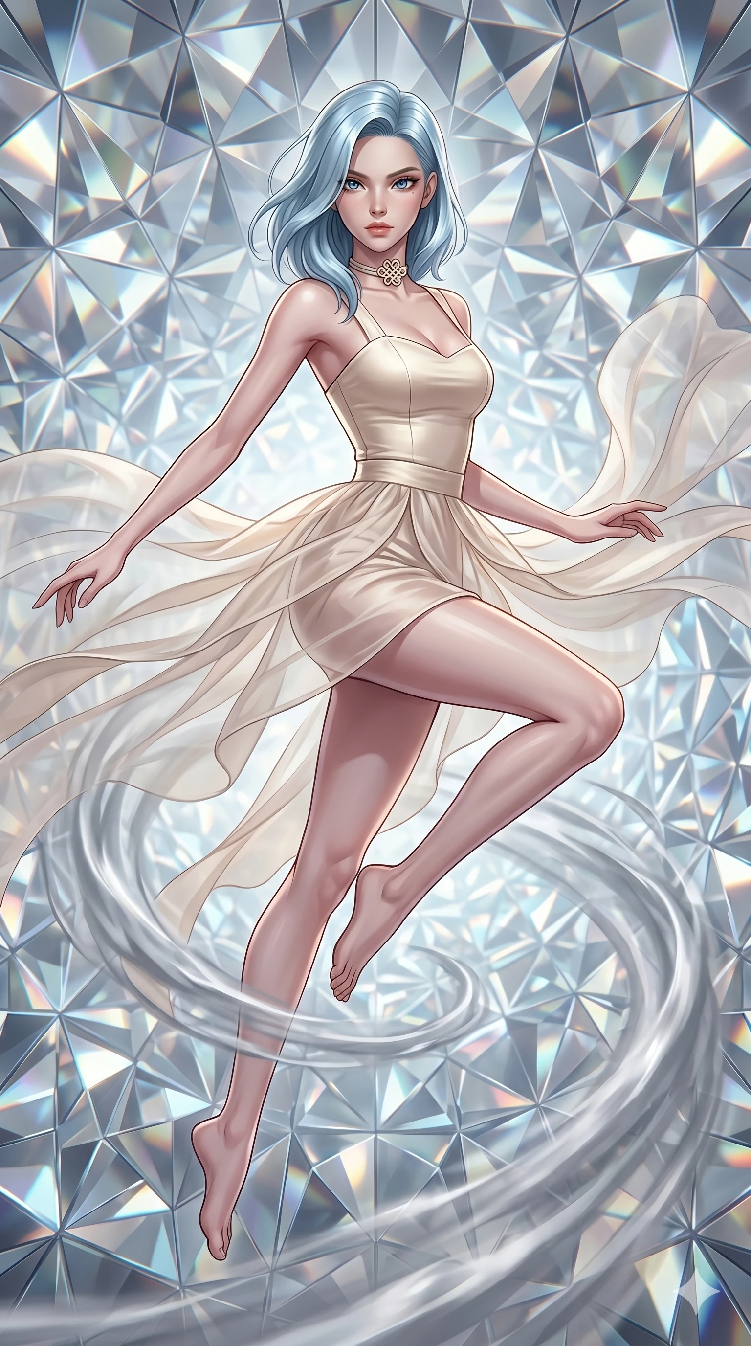score_9, masterpiece, best quality, ultra-detailed, high-budget anime keyframe, editorial fashion photography, tasteful artistic composition, Korean woman. upper body close-up from the thighs up, character filling the screen for maximum presence. leaping through through a kaleidoscope tunnel made of shifting diamond prisms while swirling vortexes of silver mist encircle her legs. She has an absolutely perfect 8-heads proportion, an exceptionally tall and slender female figure with impossibly long slender legs and an ultra-slim waist. V-shaped jawline, high-bridge nose, intricate jewel-like eyes with depth, thick eyelashes, glossy lips with a natural sheen.. wearing a modern fusion silk hanbok dress, featuring a silk bustier top, layered sheer organza skirts, and a traditional knot choker. lit by a soft glowing ambient light and a sharp side key light that traces the sleek contours of her athletic build. 2k, ultra detail, master piece, 9:16 ratio