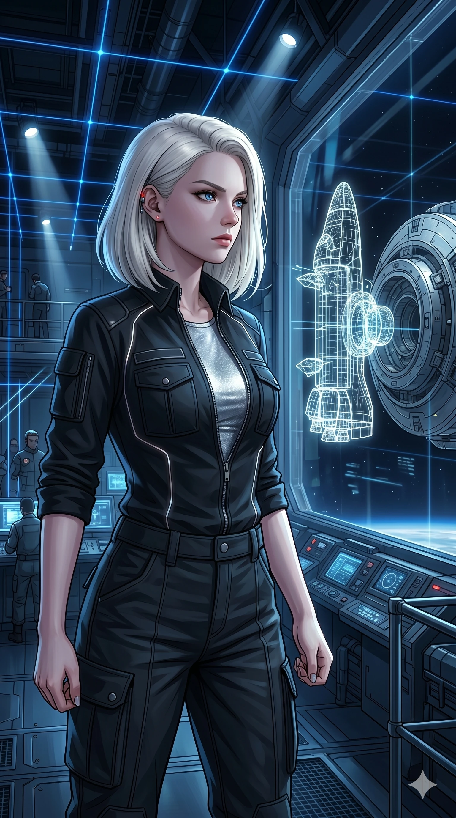 score_9, masterpiece, best quality, ultra-detailed, high-budget anime keyframe, editorial fashion photography, tasteful artistic composition, Caucasian woman, strictly human ears. Upper body close-up from the thighs up, character filling the screen for maximum presence. Inside a virtual reality space station hangar, watching a wireframe shuttle dock with a focused, serious expression. She is wearing a tech-wear uniform shirt over a silver bodice and dark trousers. The scene is lit by the blue security grid and white spotlights of the docking bay. 2k, ultra detail, master piece, 9:16 ratio