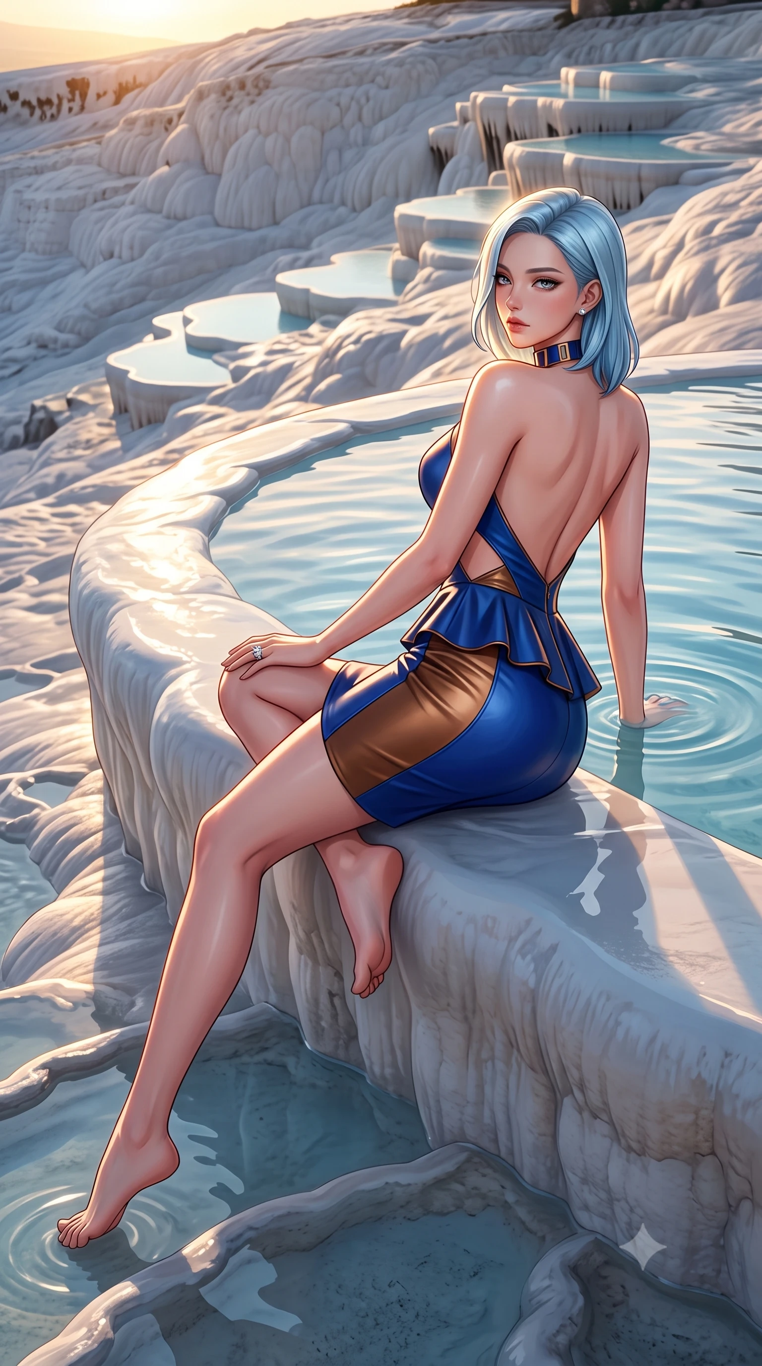 score_9, masterpiece, best quality, ultra-detailed, high-budget anime keyframe, semi-realistic 3D game render, editorial fashion photography, tasteful artistic composition, Korean woman. low angle full-body shot from head to toe showing her feet, filling the entire 9:16 vertical frame with her statuesque presence, stretching her vertical silhouette. reclining on her side in an elegant Cleopatra pose with one knee drawn up, the dramatic contour of her rounded hips and long slender legs commanding the 9:16 vertical frame while sitting on the smooth calcified white mineral rim with legs crossed, looking over her bare shoulder with sun-dazed, seductive bedroom-eyes. The surrounding environment is rendered in vivid detail and crisp panoramic clarity. sharp calcium travertine ripple textures, mineral water surface tension, and terraced cliff contours in deep focus. She has an exceptionally tall and slender model-like 8.5-heads proportion, an ultra-slim waist, a flat toned midriff, narrow delicate ribcage, and beautifully sculpted feminine hips creating a graceful, slim hourglass silhouette without any bulky heaviness, with impossibly long slender legs. sharp v-shaped jawline, high-bridge nose, intricate jewel-like eyes with depth, thick eyelashes, glossy parted lips with a natural sheen, intensely captivating and seductive bedroom-eyes expression, flawlessly proportioned anatomical accuracy, strict slender model proportions, natural body alignment, perfectly sculpted long slender limbs, ultra-slim waistline, clean dynamic posture without body distortion. wearing a modern peplum corset dress with side-waist diamond cutouts and an ultra-tight silhouette in royal sapphire blue and liquid bronze, formed from supple second-skin lambskin leather with specular sheen, complemented by a bold geometric choker and sparkling cocktail ring, the dramatically scooped open back descending to the base of her spine, accentuating her razor-sharp statuesque lines and slim hourglass silhouette. bathed in glorious golden hour sunset backlighting and intense white travertine mineral bounce fill. highly saturated vibrant anime colors, detailed shading with soft gradients, rich glossy textures, high-contrast stereoscopic depth, volumetric dynamic lighting, master piece, 9:16 ratio
