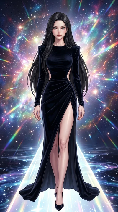 score_9, masterpiece, best quality, ultra-detailed, Set C: High-budget Anime Keyframe, Korean woman. Low angle cowboy shot filling the entire 9:16 frame with her statuesque presence. Standing on a bridge of light over a river of liquid starlight in a