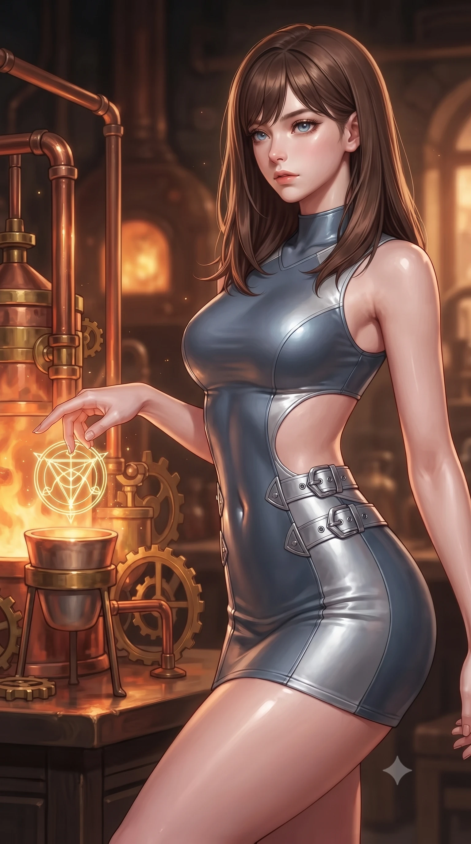 score_9, masterpiece, best quality, ultra-detailed, high-budget anime keyframe, editorial fashion photography, tasteful artistic composition, Korean woman. close-up cowboy shot from the waist and thighs up, the character dominates the composition, filling the frame with her large presence, background elements kept in soft focus. Gazing past the lens with composed intensity as her torso curves dynamically in mid-motion while reaching her hand forward to touch a glowing golden alchemy symbol floating over a crucible, intricate copper pipes and brass gears gleam with furnace heat reflections. She has an exceptionally elegant, slender, and willowy female figure with an ultra-slim waist, a gracefully sculpted slender torso, and a refined silhouette. sharp v-shaped jawline, high-bridge nose, intricate jewel-like eyes with depth, thick eyelashes, glossy lips with a natural sheen, flawlessly proportioned anatomical accuracy, natural body alignment, perfectly sculpted elegant limbs, clean dynamic posture without body distortion. wearing a dramatic open-waist cutout mini dress framed by sculptural hardware in slate blue and metallic silver, formed from sleek second-skin neoprene, detailed with polished silver buckles along the waistline, the sleek second-skin texture accentuating her magnetic presence. surrounded by a warm, powerful industrial alchemy atmosphere. ultra-reflective glossy finish, specular highlights, metallic sheen, high-contrast stereoscopic depth, volumetric dynamic lighting, 2k, ultra detail, master piece, 9:16 ratio