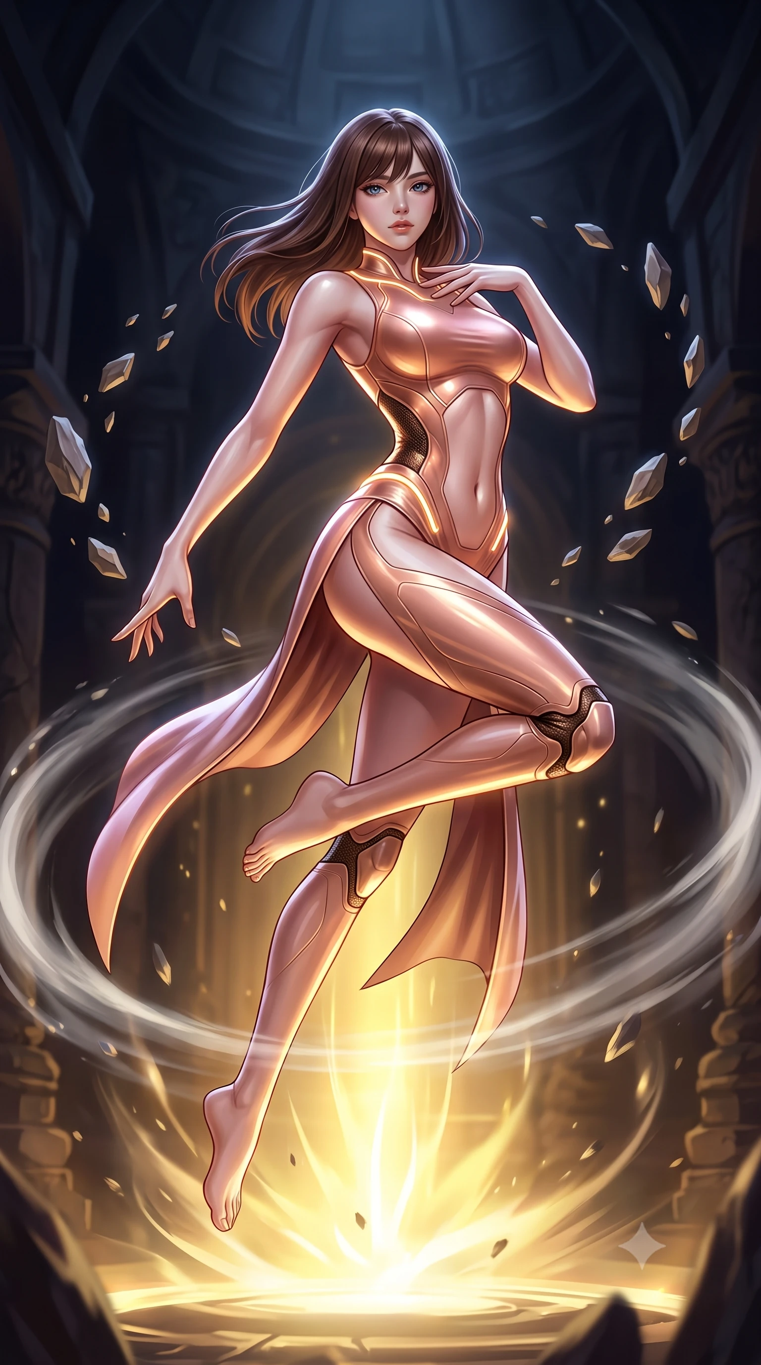 score_9, masterpiece, best quality, ultra-detailed, high-budget anime keyframe, semi-realistic 3D game render, editorial fashion photography, tasteful artistic composition, Korean woman. low angle full-body shot from head to toe showing her feet, filling the entire 9:16 vertical frame with her statuesque presence, stretching her vertical silhouette. leaping into mid-air with an athletic yet alluring arch of her spine, driving a downward kinetic strike surrounded by a ring of displaced air while resting one hand near her clavicle with calm sovereign poise as floating stone shards align around her slender silhouette. The surrounding environment is rendered in vivid detail and crisp panoramic clarity. dramatic chiaroscuro contrast between glowing golden energy and dark mystical architecture in precision. She has an absolutely perfect, statuesque 8.5-heads proportion, an exceptionally tall and slender model-like female figure with impossibly long slender legs, a toned flat midriff, and an ultra-slim waist. sharp v-shaped jawline, high-bridge nose, intricate jewel-like eyes with depth, thick eyelashes, glossy lips with a natural sheen, flawlessly proportioned anatomical accuracy, strict slender model proportions, natural body alignment, perfectly sculpted long slender limbs, ultra-slim waistline, clean dynamic posture without body distortion. wearing a form-fitting luminous rose-gold carbon combat gown with tactical high leg slits and flexible kinetic knee articulation in molten amber-gold carbon cuirass with dark titanium weave, crafted from semi-translucent cybernetic carbon-vinyl interwoven with glowing micro-filaments, accented with glowing fiber-optic conduits tracing her collarbones and hip curves, the liquid-tight tailored fabric emphasizing every curve of her tall, slender model proportions and sculptured silhouette during dynamic movement. illuminated by crisp specular highlights tracing her sculpted flat midriff, bare spine, and slender limbs. rich saturated anime colors with glowing neon highlights, detailed shading with soft gradients, rich glossy textures, high-contrast stereoscopic depth, volumetric dynamic lighting, master piece, 9:16 ratio