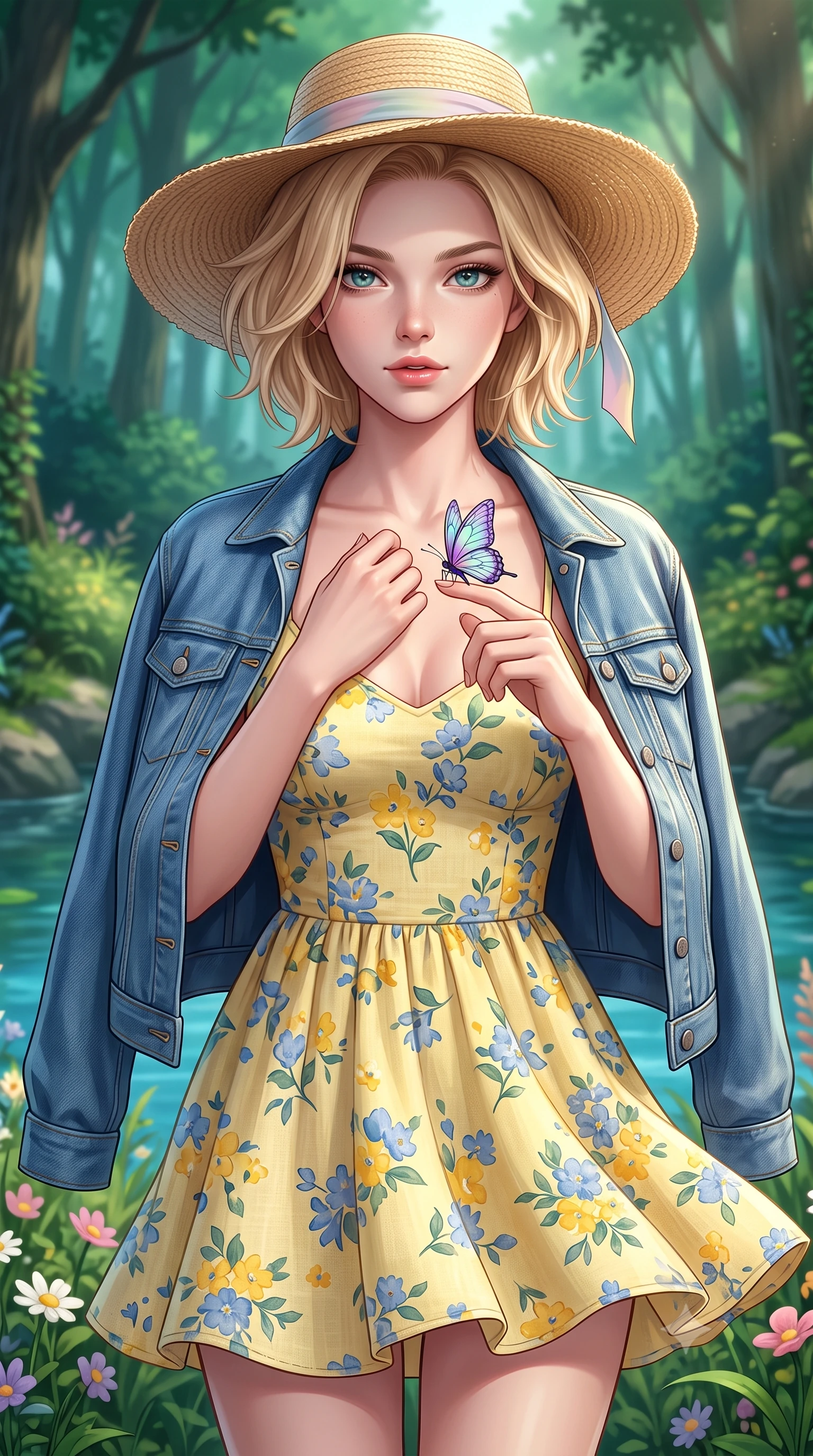 score_9, masterpiece, best quality, ultra-detailed, high-budget anime keyframe, semi-realistic 3D game render, editorial fashion photography, tasteful artistic composition, Caucasian woman. close-up cowboy shot from the waist and thighs up, the character dominates the composition, filling the frame with her large presence. holding her hands loosely near her heart with an enchanting, affectionate gaze looking directly into the lens while reaching out playfully to touch a delicate iridescent forest butterfly resting on a wildflower blossom. The surrounding environment is rendered in vivid detail and crisp panoramic clarity. deep woodland chiaroscuro and magical natural water sanctuary aesthetics rendered with precision. She has an exceptionally elegant, slender, and willowy female figure with an ultra-slim waist, a gracefully sculpted slender torso, toned flat midriff, and a refined slim silhouette. sharp v-shaped jawline, high-bridge nose, intricate jewel-like eyes with depth, thick eyelashes, glossy lips with a natural sheen, pure and lovely fresh girlhood expression, flawlessly proportioned anatomical accuracy, strict slender model proportions, natural body alignment, perfectly sculpted long slender limbs, ultra-slim waistline, clean dynamic posture without body distortion. wearing a classic denim jacket worn lightly over shoulders with a floral print slip dress underneath in sunny daffodil yellow and french blue, crafted from soft breathable linen that flutters gently in the breeze, paired with a wide-brim woven straw hat tied with a pastel ribbon, the breezy lightweight fabric fluttering softly against her delicate collarbones, narrow waist, and feminine curves. illuminated by soft emerald forest bounce light accentuating her natural beauty and lovely outfit. highly saturated vibrant anime colors, detailed shading with soft gradients, rich glossy textures, high-contrast stereoscopic depth, volumetric dynamic lighting, master piece, 9:16 ratio
