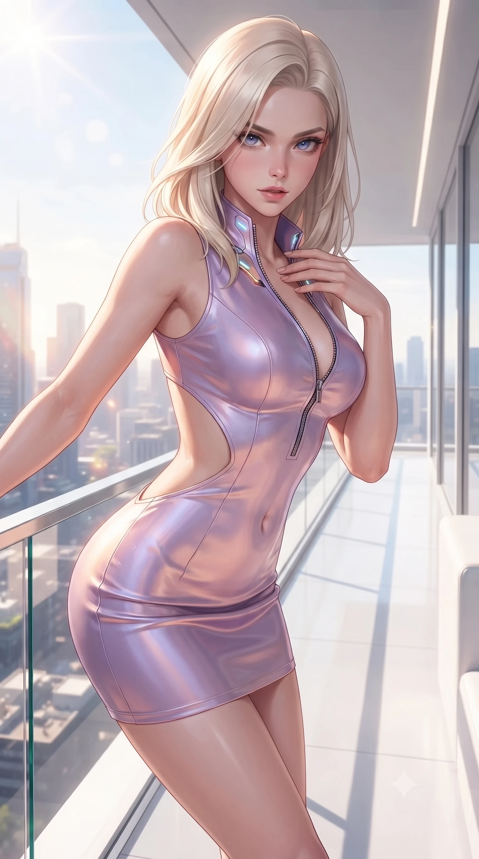 score_9, masterpiece, best quality, ultra-detailed, high-budget anime keyframe, editorial fashion photography, tasteful artistic composition, Caucasian woman. close-up cowboy shot from the waist and thighs up, the character dominates the composition, filling the frame with her large presence. leaning forward with a dangerous, enticing smolder, resting one hand near her collarbone while casting a fiery, magnetic direct gaze while pivoting dynamically near a sleek glass balcony railing overlooking a radiant sunlit metropolis skyline. The surrounding environment is rendered in vivid detail and crisp panoramic clarity. high-contrast pristine white decor and sunlit architectural lines rendered with environmental sharpness. She has an exceptionally elegant, slender, and willowy female figure with an ultra-slim waist, a gracefully sculpted slender torso, toned flat midriff, and a refined slim silhouette. sharp v-shaped jawline, high-bridge nose, intricate jewel-like eyes with depth, thick eyelashes, glossy lips with a natural sheen, flawlessly proportioned anatomical accuracy, strict slender model proportions, natural body alignment, perfectly sculpted long slender limbs, ultra-slim waistline, clean dynamic posture without body distortion. wearing a second-skin fashion-latex mini dress with a clean architectural front, featuring an open-back design that wraps around the sides of her waist, showcasing her slender silhouette in luminous lavender violet and rose gold, made of smooth iridescent silk chiffon that shifts colors with movement, featuring a dangerously unzipped neckline framed by glowing cybernetic accents, the precision-cut daring openings accentuating her delicate midriff, graceful bare collarbones, and ultra-slim feminine waistline. bathed in bright, clean high-key natural sunlight flooding through panoramic glass walls. ultra-reflective glossy finish, specular highlights, metallic sheen, high-contrast stereoscopic depth, volumetric dynamic lighting, 2k, ultra detail, master piece, 9:16 ratio