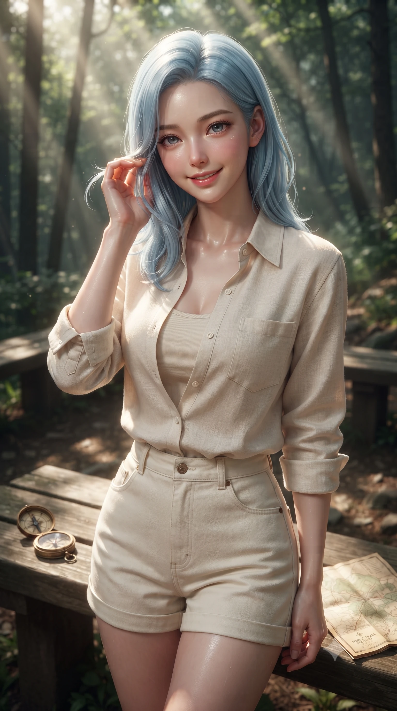 score_9, masterpiece, best quality, ultra-detailed, high-budget anime keyframe, editorial fashion photography, tasteful artistic composition, Korean woman. close-up cowboy shot from the waist and thighs up, the character dominates the composition, filling the frame with her large presence, background elements kept in soft focus. smiling cutely while gently brushing a strand of hair behind her ear set against a soft-focus background of at a rest area along a scenic valley hiking trail with wooden benches with a small compass and a map of the forest trail on a nearby bench. She has an exceptionally elegant, slender, and willowy female figure with an ultra-slim waist, a gracefully sculpted slender torso, and a refined silhouette. sharp v-shaped jawline, high-bridge nose, intricate jewel-like eyes with depth, thick eyelashes, glossy lips with a natural sheen. wearing tailored comfortable linen shirt in cream, worn over a tank top and cotton shorts. volumetric sunbeams creating beautiful light shafts through the tree branches. ultra-reflective glossy finish, specular highlights, metallic sheen, high-contrast stereoscopic depth, volumetric dynamic lighting, 2k, ultra detail, master piece, 9:16 ratio