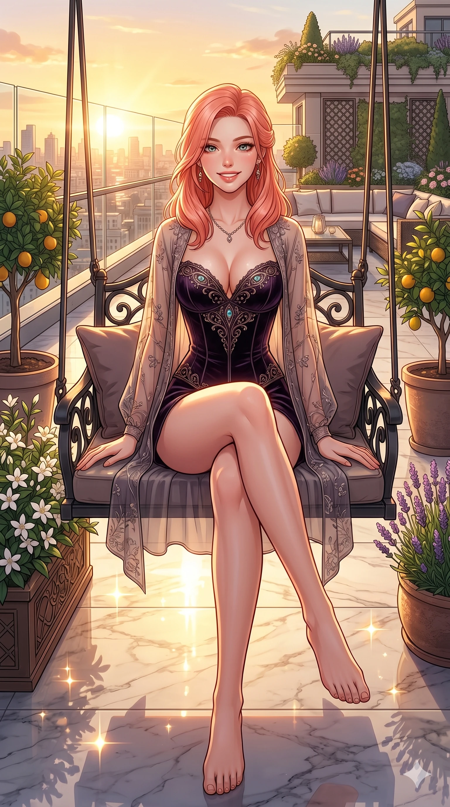 score_9, masterpiece, best quality, ultra-detailed, high-budget anime keyframe, vibrant anime aesthetic, Japanese woman. cowboy shot from the thighs up, character and outfit filling the frame for maximum presence. She is sitting on a garden swing, smiling brightly with a cheerful and warm gaze on a luxury hotel rooftop terrace at golden hour (Code-P20-124). She has an absolutely perfect 8-heads proportion, an exceptionally tall and slender female figure with impossibly long slender legs and an ultra-slim waist. V-shaped jawline, high-bridge nose, intricate jewel-like eyes with depth, thick eyelashes, glossy lips with a natural sheen. wearing a dark velvet corset with a deep sweetheart neckline revealing her cleavage and a sheer wrap. She is illuminated by direct, sparkling sunbeams reflecting off the polished marble floor. 2k, ultra detail, master piece, 9:16 ratio