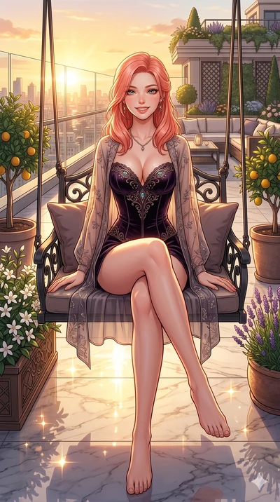 score_9, masterpiece, best quality, ultra-detailed, high-budget anime keyframe, vibrant anime aesthetic, Japanese woman. cowboy shot from the thighs up, character and outfit filling the frame for maximum presence. She is sitting on a garden swing, sm