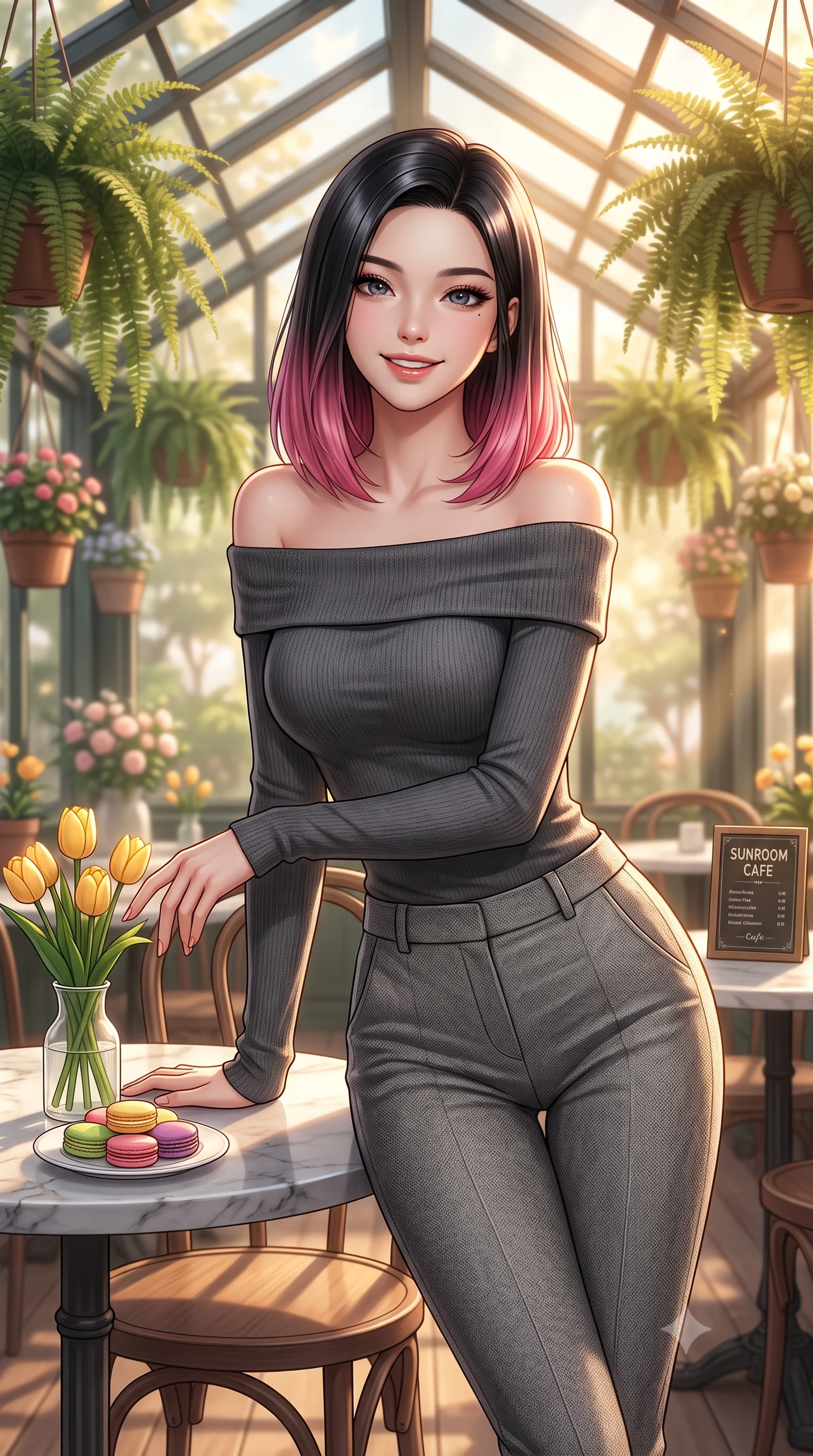 score_9, masterpiece, best quality, ultra-detailed, high-budget anime keyframe, editorial fashion photography, tasteful artistic composition, Korean woman. close-up cowboy shot from the waist and thighs up, the character dominates the composition, filling the frame with her large presence, background elements kept in soft focus. smiling cutely with an air of effortless superiority and magnetic charm set against a soft-focus background of in a quiet glass-roofed sunroom cafe filled with hanging ferns and flower pots with a small vase of yellow tulips and a plate of colorful macarons on the table. She has an exceptionally elegant, slender, and willowy female figure with an ultra-slim waist, a gracefully sculpted slender torso, and a refined silhouette. sharp v-shaped jawline, high-bridge nose, intricate jewel-like eyes with depth, thick eyelashes, glossy lips with a natural sheen. wearing form-contouring body-hugging off-shoulder knit top in charcoal, paired with tailored slim pants. warm golden lighting creating a cozy, relaxing weekend mood. ultra-reflective glossy finish, specular highlights, metallic sheen, high-contrast stereoscopic depth, volumetric dynamic lighting, 2k, ultra detail, master piece, 9:16 ratio