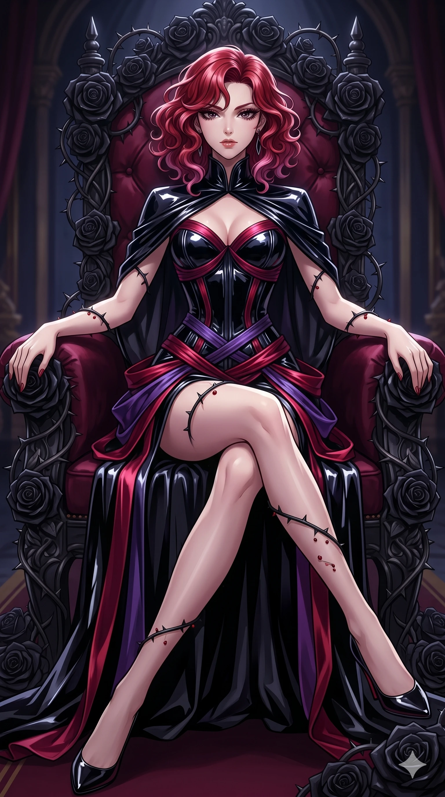 score_9, masterpiece, best quality, ultra-detailed, High-budget Anime Keyframe, East Asian woman. Dynamic full-body shot stretching the vertical silhouette to the limit. Scenario 270: Resting on a throne of black roses, thorns grazing her skin. Her presence is magnetic and overpowering in this high-budget anime scene. Outfit 270: A patent leather decorative silk bands with a artistically draped detail and wet-look texture. The clothing is designed to emphasize her exceptionally tall and slender 8-heads proportion. 8-heads proportion, towering silhouette, ultra-slim waist. sharp v-shaped jawline, intricate jewel-like eyes with depth, thick eyelashes, glossy lips. 2k, ultra detail, master piece, 9:16 ratio