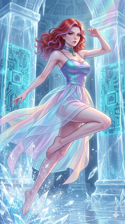 score_9, masterpiece, best quality, ultra-detailed, high-budget anime keyframe, Caucasian woman, strictly human ears. upper body close-up from the thighs up, character filling the screen for maximum presence. leaping inside a sub-zero cybernetic ice 