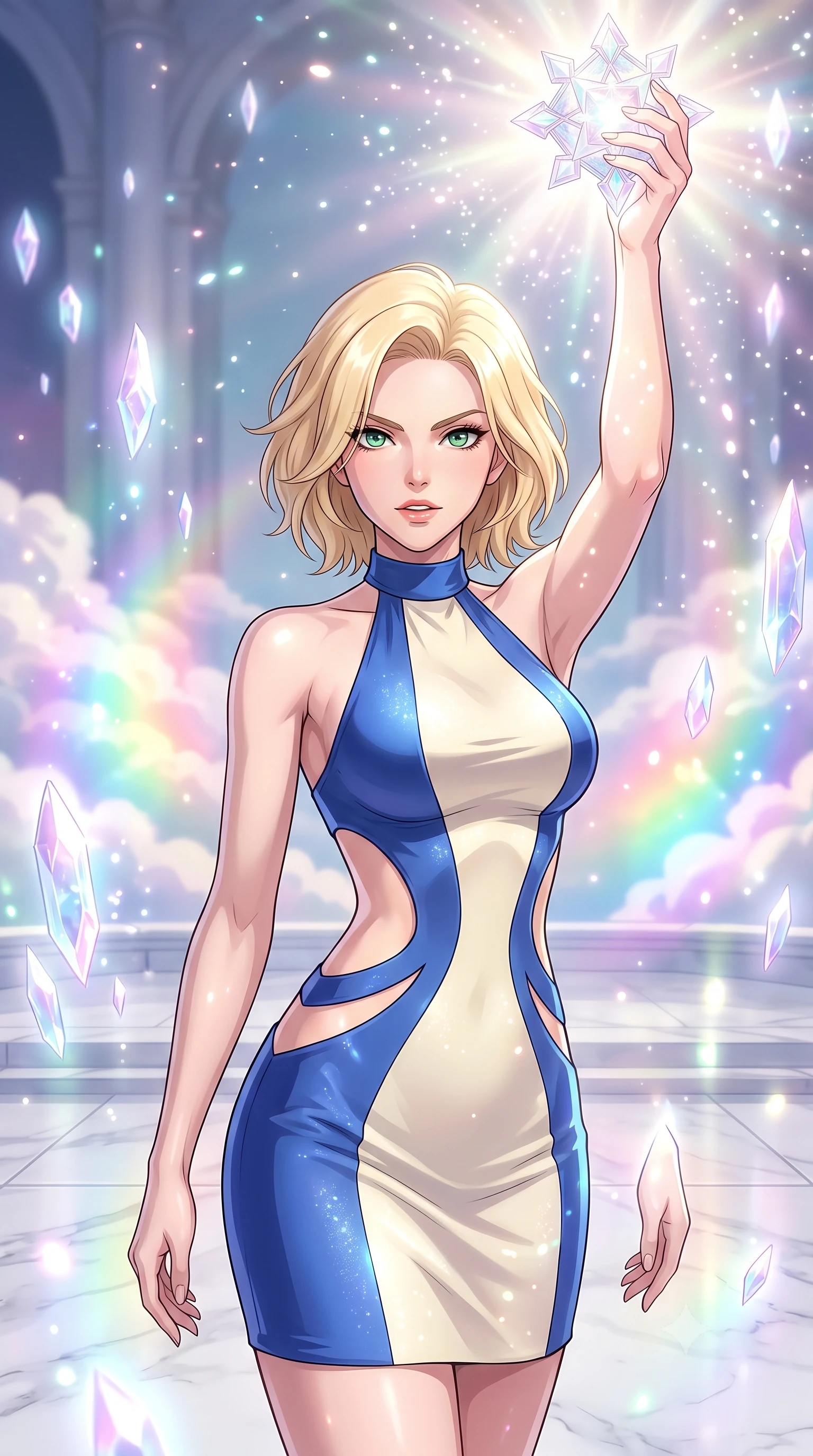 score_9, masterpiece, best quality, ultra-detailed, high-budget anime keyframe, clean line-art, cel-shading, Caucasian woman, strictly human ears. close-up cowboy shot from the waist and thighs up, the character dominates the composition, filling the frame with her large presence, background elements kept in soft focus. Holding a glowing relic aloft with a triumphant, commanding expression. set against a soft-focus background of a palace terrace made of white marble, surrounded by clouds that glow with internal rainbow gradients. She has an exceptionally elegant and slender, willowy female figure with an ultra-slim waist, a gracefully sculpted slender torso, and a refined slim physique. sharp v-shaped jawline, high-bridge nose, intricate jewel-like eyes with depth, thick eyelashes, glossy lips with a natural sheen. wearing catching and diffusing the glowing particles, shimmering softly in response to the surrounding light, a tailored structured halter-neck bodycon dress in two-tone cobalt blue and cream, with dramatic curved cutouts at the sides of the torso. ethereal pearlescent light emanating from floating crystalline formations all around. highly saturated vibrant anime colors, intense vivid color palette, volumetric dynamic lighting, 2k, ultra detail, master piece, 9:16 ratio