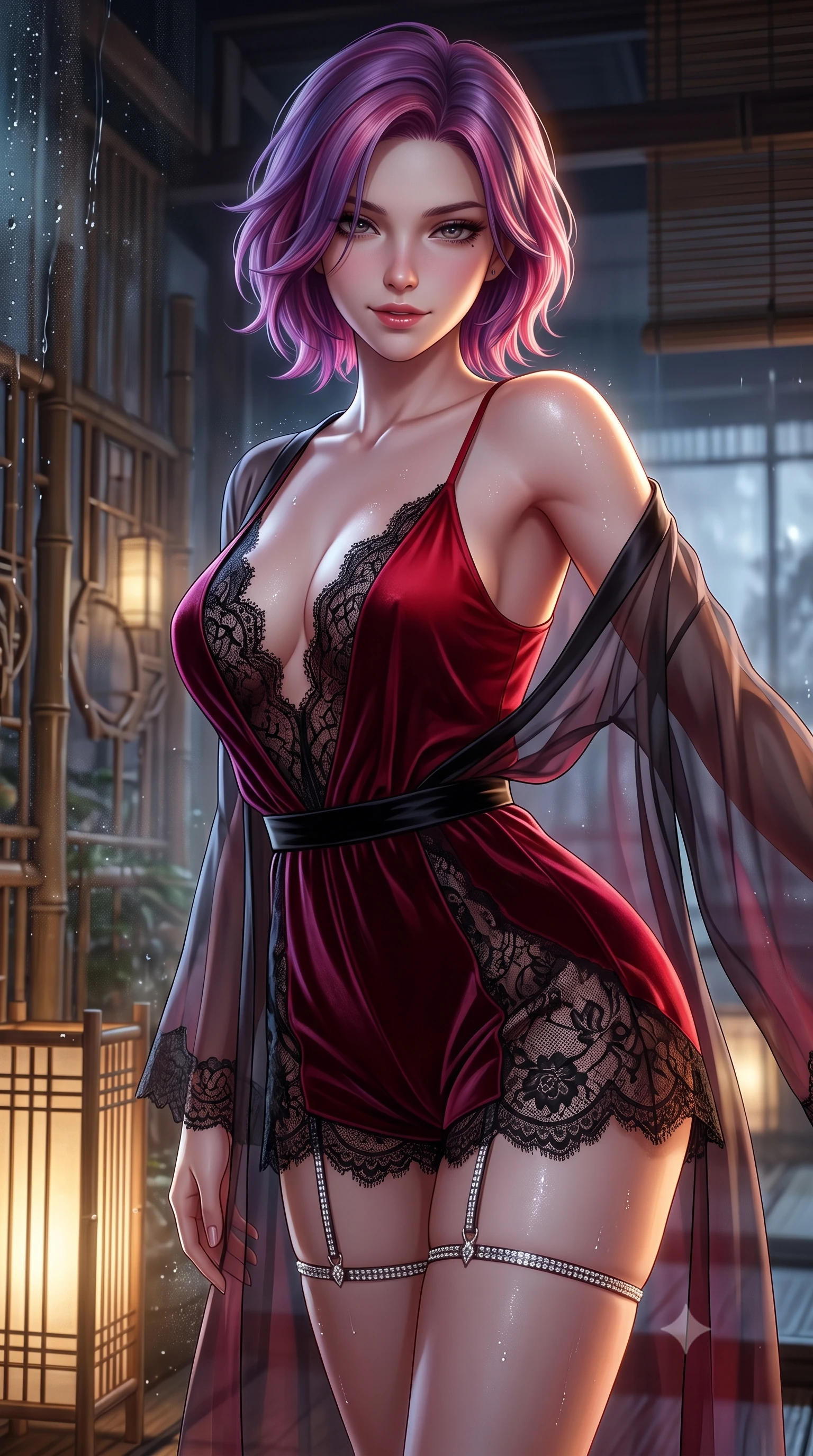 score_9, masterpiece, best quality, ultra-detailed, high-budget anime keyframe, semi-realistic 3D game render, editorial fashion photography, tasteful artistic composition, Caucasian woman. close-up cowboy shot from the waist and thighs up, the character dominates the composition, filling the frame with her large presence. leaning forward while arching her lower back to accentuate her curvy hips, looking into the camera with an intoxicating smoldering gaze and bedroom-eyes while twisting her slender torso in an alluring contrapposto stance, dewy mist beads and soft interior bamboo lanterns highlighting her flat midriff and hips. The surrounding environment is rendered in vivid detail and crisp panoramic clarity: detailed sheer silk chiffon kimono robe slipping off bare shoulders, red silk camisole cling, and bespoke interior craft in high resolution. She has an exceptionally elegant, slender, and willowy female figure with an ultra-slim waist, flat toned midriff, narrow ribcage, and sculpted feminine hips creating an alluring, slim hourglass silhouette without bulk. sharp v-shaped jawline, high-bridge nose, sparkling eyes with hypnotic seductive depth, thick curled eyelashes, glossy parted lips with a natural dewy peach sheen, alluring bedroom-eyes with an enchanting coquettish smile, exuding magnetic siren charisma and sophisticated glamour, flawlessly proportioned anatomical accuracy, strict slender model proportions, natural body alignment, perfectly sculpted long slender limbs, ultra-slim waistline, clean dynamic posture without body distortion. wearing a plunge-neck stretch velvet romper with scalloped eyelash-lace hems and a cinched waist ribbon in deep bordeaux velvet and delicate black chantilly, crafted from fluid liquid silk satin that clings smoothly to every curve with a dewy sheen, finished with delicate crystal-encrusted thigh garter straps glinting in the dim light, the liquid-tight tailored fabric clinging flawlessly to her narrow waist and rounded feminine hips, emphasizing every millimeter of her sculpted slim hourglass curves without any bulky heaviness. illuminated by wet glass reflections and sharp champagne-gold rim lights defining her delicate clavicles, ultra-slim waist, and curvy hips. highly saturated vibrant anime colors, detailed shading with soft gradients, rich glossy textures, high-contrast stereoscopic depth, volumetric dynamic lighting, master piece, 9:16 ratio