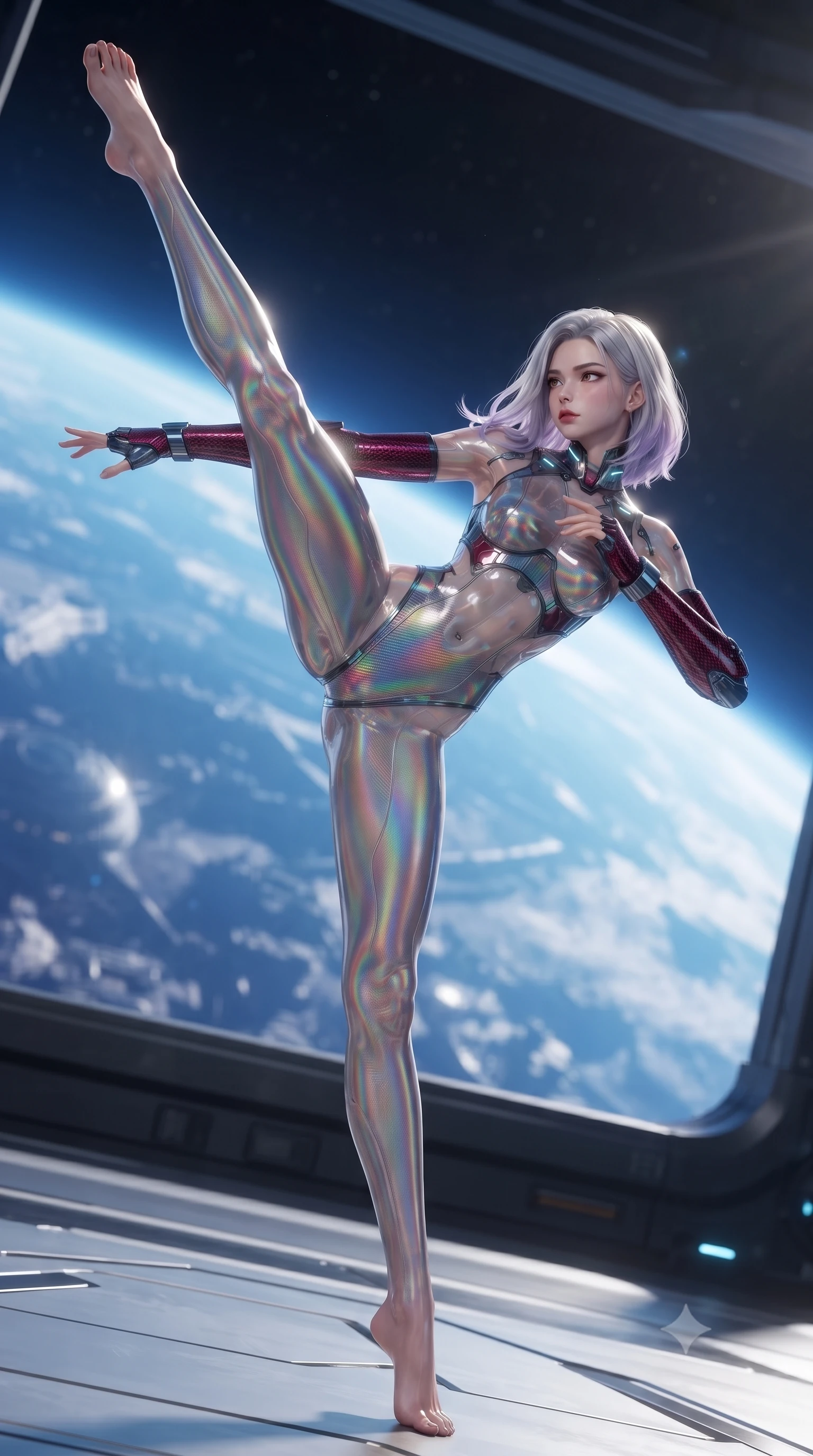 score_9, masterpiece, best quality, ultra-detailed, high-budget anime keyframe, editorial fashion photography, tasteful artistic composition, Caucasian woman. low angle full-body shot from head to toe showing her feet, filling the entire 9:16 vertical frame with her statuesque presence, stretching her vertical silhouette. executing a breathtaking zero-gravity high-kick with full 180-degree vertical extension, her impossibly long slender legs dominating the frame with razor-sharp poise while arching her back gracefully in zero-gravity with arms outstretched in fluid kinetic tension as solar rays trace her torso. The surrounding environment is rendered in vivid detail and crisp panoramic clarity. dramatic orbital chiaroscuro and transcendent high-altitude martial arts architecture in panoramic precision. She has an absolutely perfect, statuesque 8.5-heads proportion, an exceptionally tall and slender model-like female figure with impossibly long slender legs, a toned flat midriff, and an ultra-slim waist. sharp v-shaped jawline, high-bridge nose, intricate jewel-like eyes with depth, thick eyelashes, glossy lips with a natural sheen, flawlessly proportioned anatomical accuracy, strict slender model proportions, natural body alignment, perfectly sculpted long slender limbs, ultra-slim waistline, clean dynamic posture without body distortion. wearing a high-gloss iridescent rainbow carbon-weave bodysuit with translucent cybernetic panels and Damascus-steel forearm bracers in deep crimson carbon weave with specular dark chrome accents, crafted from semi-translucent cybernetic carbon-vinyl interwoven with glowing micro-filaments, featuring a sleek aerodynamic collar framed by subtle glowing cybernetic status LEDs, the form-contouring material adhering flawlessly to her sculpted flat midriff and slender torso, emphasizing her long leg lines and perfectly proportioned willowy build. bathed in dazzling natural orbital sunlight and rich blue planetary ambient bounce light. ultra-reflective glossy finish, specular highlights, dark metallic sheen, high-contrast stereoscopic depth, volumetric dynamic lighting, 2k, ultra detail, master piece, 9:16 ratio