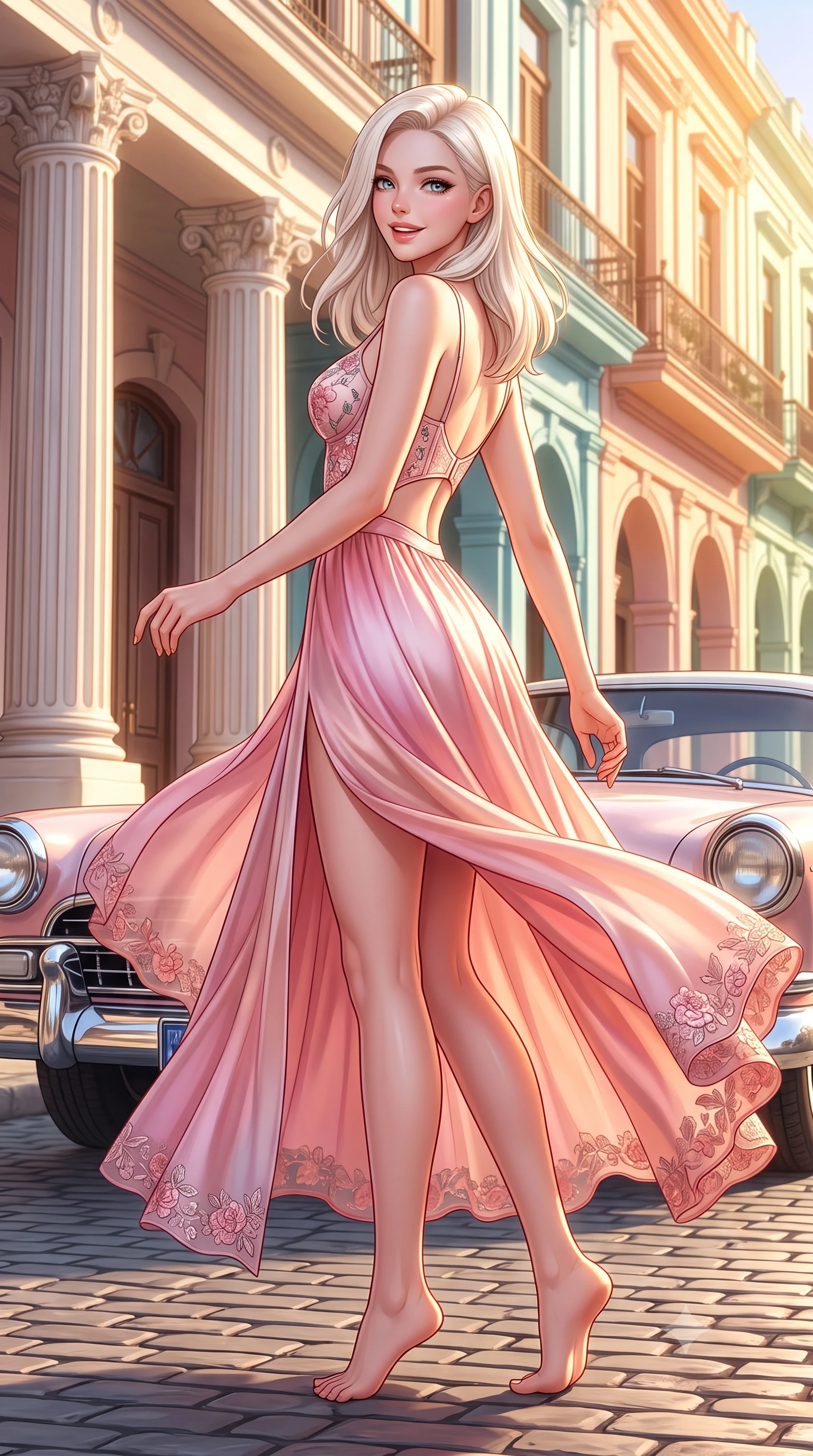 score_9, masterpiece, best quality, ultra-detailed, high-budget anime keyframe, semi-realistic 3D game render, editorial fashion photography, tasteful artistic composition, Caucasian woman. low angle full-body shot from head to toe showing her feet, filling the entire 9:16 vertical frame with her statuesque presence, stretching her vertical silhouette. executing a cheerful mid-motion pivot turn as her skirt flutters around her slender legs, glancing over her shoulder with an intoxicating, teasing cute expression while twisting her slender torso in an alluring S-curve in the warm tropical breeze, flashing a beaming smile with parted glossy lips. The surrounding environment is rendered in vivid detail and crisp panoramic clarity. sharp neoclassical column plaster textures, chrome car bumper reflections, and cobblestone paving in deep focus. She has an exceptionally tall and slender model-like 8.5-heads proportion, an ultra-slim waist, a flat toned midriff, narrow delicate ribcage, and beautifully sculpted feminine hips creating a graceful, slim hourglass silhouette without any bulky heaviness, with impossibly long slender legs. sharp v-shaped jawline, high-bridge nose, intricate jewel-like sparkling eyes with depth, thick eyelashes, glossy parted lips with a natural peach sheen, bright cheerful beaming smile with an enchanting and coquettish sensual glint, exuding both youthful cute charm and seductive allure, flawlessly proportioned anatomical accuracy, strict slender model proportions, natural body alignment, perfectly sculpted long slender limbs, ultra-slim waistline, clean dynamic posture without body distortion. wearing a delicate floral embroidery bustier top paired with a flowy high-slit chiffon maxi skirt with a side hip opening in cherry blossom pink and soft rose gold, made of smooth fluid silk satin with a delicate pearlescent sheen, complemented by delicate embroidered floral trim along the hem, the precision-cut side openings and low-back scoop framing her graceful spine and the sensual sweep of her slim, toned hips. bathed in intense golden afternoon Caribbean sunlight washing over pastel building facades. highly saturated vibrant anime colors, detailed shading with soft gradients, rich glossy textures, high-contrast stereoscopic depth, volumetric dynamic lighting, master piece, 9:16 ratio