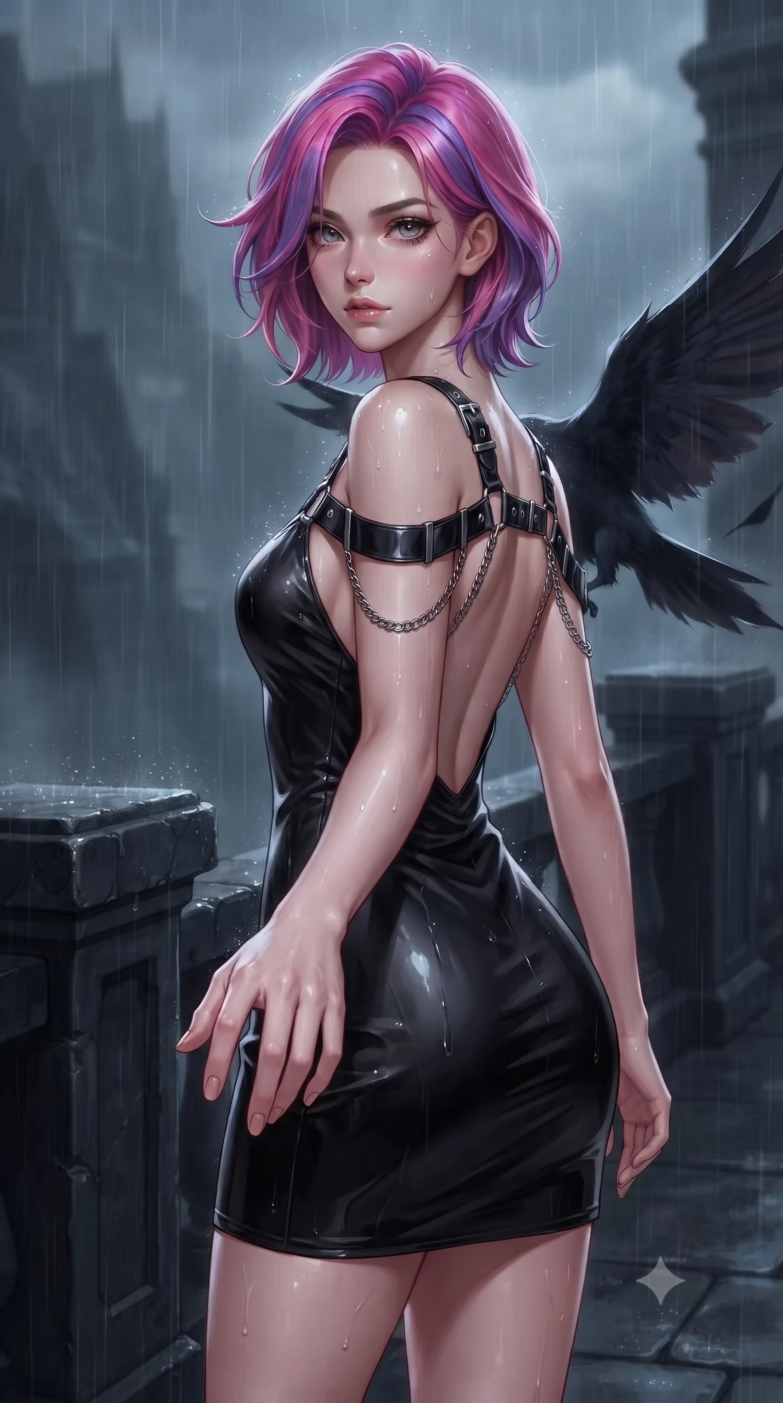 score_9, masterpiece, best quality, ultra-detailed, high-budget anime keyframe, editorial fashion photography, tasteful artistic composition, Caucasian woman. close-up cowboy shot from the waist and thighs up, the character dominates the composition, filling the frame with her large presence, background elements kept in soft focus. Reaching one hand toward the viewer with relaxed dark elegance, walking along a dark stone terrace shrouded in thick midnight rain and fog, rain glistening on dark stone parapets and her sleek outfit. She has an exceptionally elegant, slender, and willowy female figure with an ultra-slim waist, a gracefully sculpted slender torso, and a refined silhouette. sharp v-shaped jawline, high-bridge nose, intricate jewel-like eyes with depth, thick eyelashes, glossy lips with a natural sheen. wearing backless liquid vinyl mini slip dress with bare shoulder neckline in obsidian black, made of soft dark satin, framed by dark titanium buckles and silver chain details, sculpting her athletic slender build with refined precision. surrounded by a mysterious gothic raven aura with sharp edge lighting. highly saturated vibrant anime colors, detailed shading with soft gradients, rich glossy textures, high-contrast stereoscopic depth, volumetric dynamic lighting, master piece, 9:16 ratio
