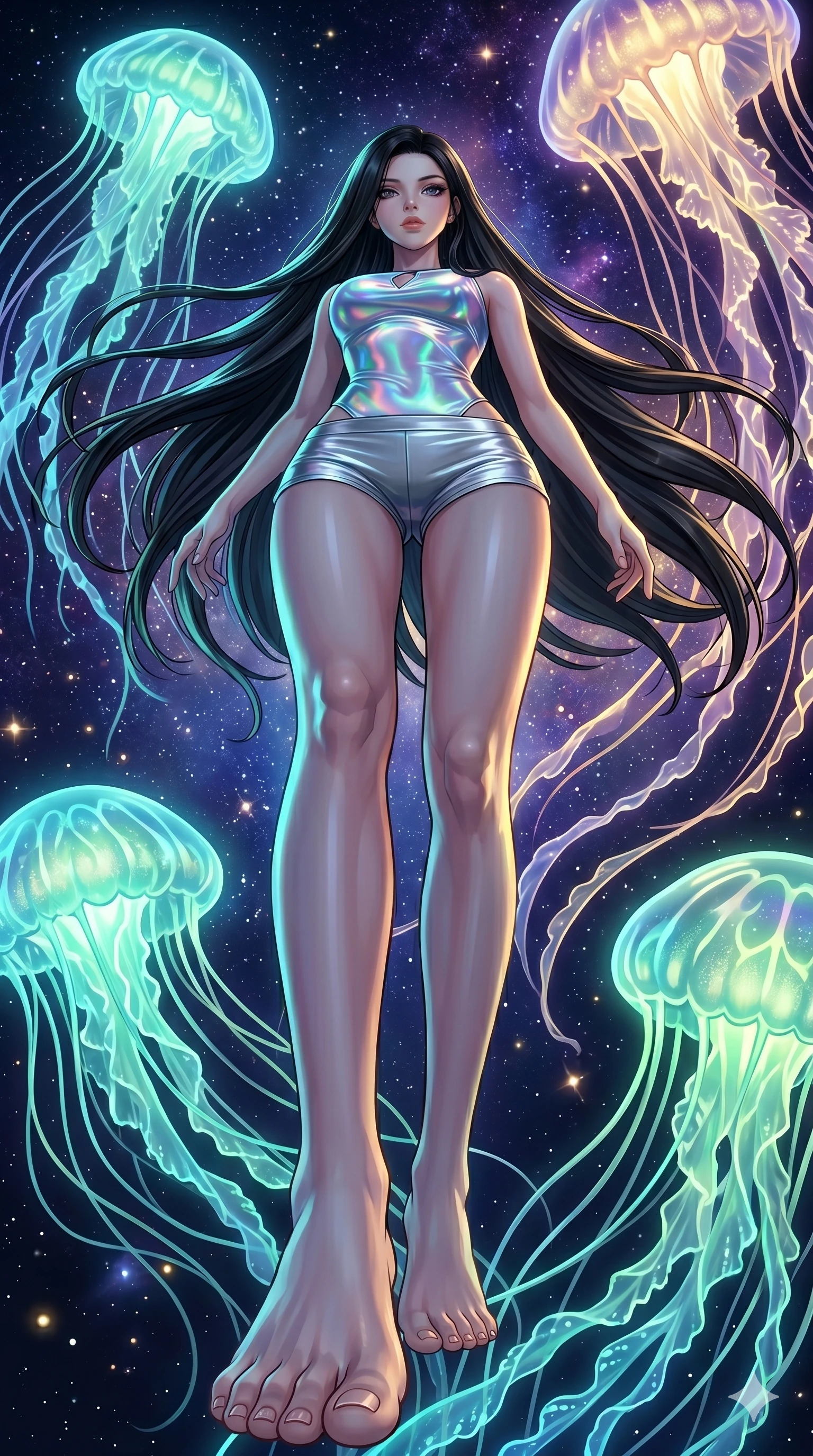 score_9, masterpiece, best quality, ultra-detailed, high-budget anime keyframe, Caucasian woman, strictly human ears. low angle full-body shot filling the entire 9:16 frame with her statuesque presence, stretching the vertical silhouette. swirling gracefully among the glowing ribbon-like tentacles of giant bioluminescent jellyfish floating in a starry sky garden. She has an absolutely perfect 8-heads proportion, an exceptionally tall and slender female figure with impossibly long slender legs and an ultra-slim waist. V-shaped jawline, high-bridge nose, intricate jewel-like eyes with depth, thick eyelashes, glossy lips with a natural sheen.. wearing a holographic liquid silk vest and silver metallic micro-shorts, featuring a keyhole cutout and form-fitting silhouette. accented by dynamic color-blocked lighting with high-contrast shadows emphasizing her statuesque height. 2k, ultra detail, master piece, 9:16 ratio