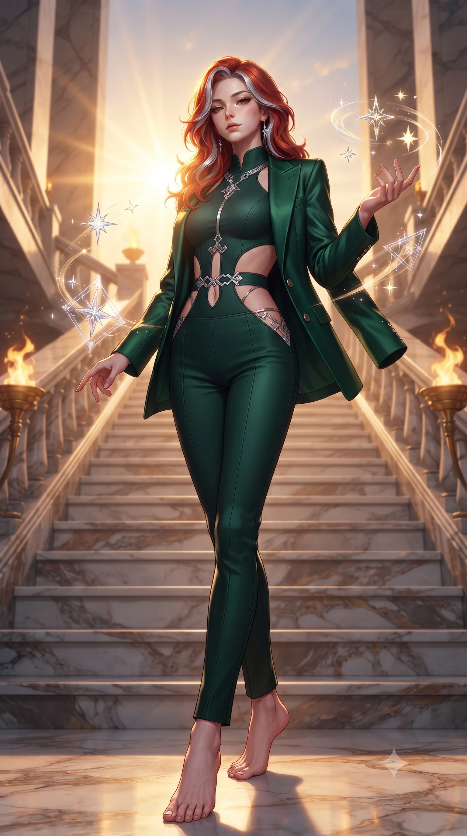score_9, masterpiece, best quality, ultra-detailed, high-budget anime keyframe, editorial fashion photography, tasteful artistic composition, Caucasian woman. low angle full-body shot from head to toe showing her feet, filling the entire 9:16 vertical frame with her statuesque presence, stretching her vertical silhouette. interacting gracefully with the magical floating elements while maintaining a confident posture descending a grand marble staircase flanked by golden torch flames at dusk, golden hour sunbursts creating a majestic rim lighting effect. She has an absolutely perfect, statuesque 8.5-heads proportion, an exceptionally tall and slender model-like female figure with impossibly long slender legs and an ultra-slim waist. sharp v-shaped jawline, high-bridge nose, intricate jewel-like eyes with depth, thick eyelashes, glossy lips with a natural sheen. wearing a tailored silk blazer over a form-contouring top and fitted slacks in deep emerald green and silver accent, formed from sleek second-skin neoprene, featuring clean architectural cutouts along her slender torso, the elegant draped fit framing her graceful clavicle and slender torso. surrounded by a bright, luxurious aura of warm sunshine and sky reflections. highly saturated vibrant anime colors, detailed shading with soft gradients, rich glossy textures, high-contrast stereoscopic depth, volumetric dynamic lighting, master piece, 9:16 ratio