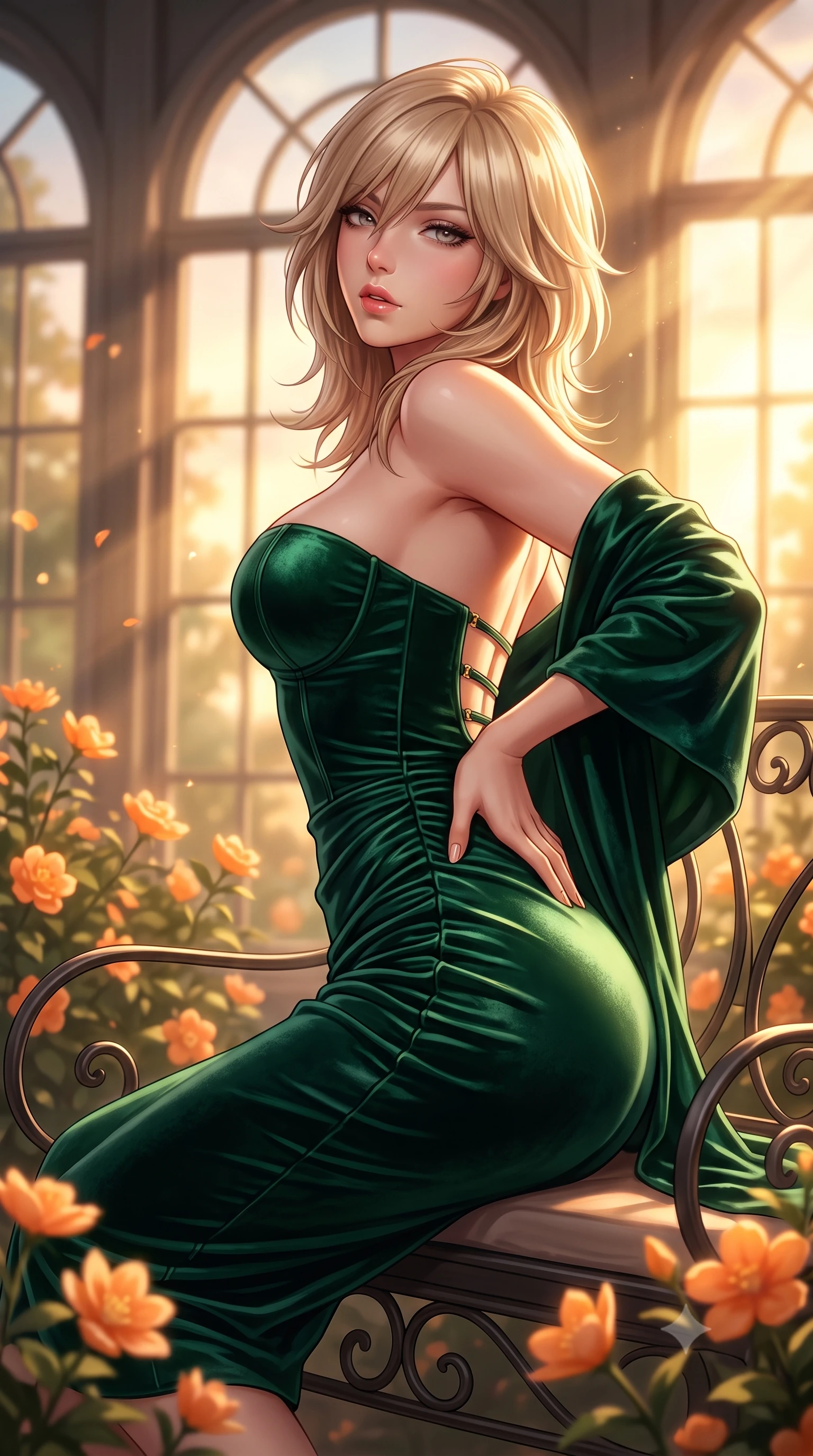 score_9, masterpiece, best quality, ultra-detailed, high-budget anime keyframe, semi-realistic 3D game render, editorial fashion photography, tasteful artistic composition, Japanese woman. close-up cowboy shot from the waist and thighs up, the character dominates the composition, filling the frame with her large presence. posing in an alluring rear three-quarter angle, arching her lower back in a pronounced S-curve with one hand on her hip, glancing seductively over her bare shoulder with parted glossy lips while reclining across a wrought-iron garden lounger surrounded by flowering orange blossoms, her flat midriff and feminine hips bathed in golden sunset rays. The composition keeps background elements in soft focus with creamy bokeh. sunbeams pouring through glass panes and orange blossom petals softened in elegant Austrian shallow focus. She has an exceptionally elegant, slender, and willowy female figure with an ultra-slim waist, flat toned midriff, narrow ribcage, and sculpted feminine hips creating an alluring, slim hourglass silhouette without bulk. sharp v-shaped jawline, high-bridge nose, intricate jewel-like eyes with depth, thick eyelashes, glossy parted lips with a natural sheen, intensely captivating and seductive bedroom-eyes expression, flawlessly proportioned anatomical accuracy, strict slender model proportions, natural body alignment, perfectly sculpted long slender limbs, ultra-slim waistline, clean dynamic posture without body distortion. wearing an ultra-fitted strapless bustier midi dress with side hip ruching and exposed spine in deep emerald green satin and gold hardware, crafted from heavyweight crushed silk velvet with liquid vintage luster, complemented by a plush velvet shawl draped loosely over her elbows, the form-contouring material adhering flawlessly to her sculpted flat midriff and slender torso, emphasizing her long leg lines and perfectly proportioned willowy build. bathed in dramatic golden hour sunset rays streaming through towering glasshouse arched windows. highly saturated vibrant anime colors, detailed shading with soft gradients, rich glossy textures, high-contrast stereoscopic depth, volumetric dynamic lighting, master piece, 9:16 ratio