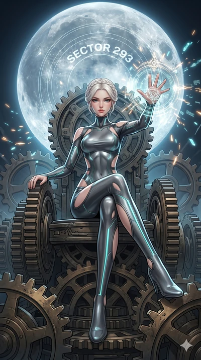 score_9, masterpiece, best quality, ultra-detailed, Set A: High-budget Anime Keyframe, Japanese woman. Low angle cowboy shot filling the entire 9:16 frame with her statuesque presence. Casting a spell through a throne of gears, with a massive hologra