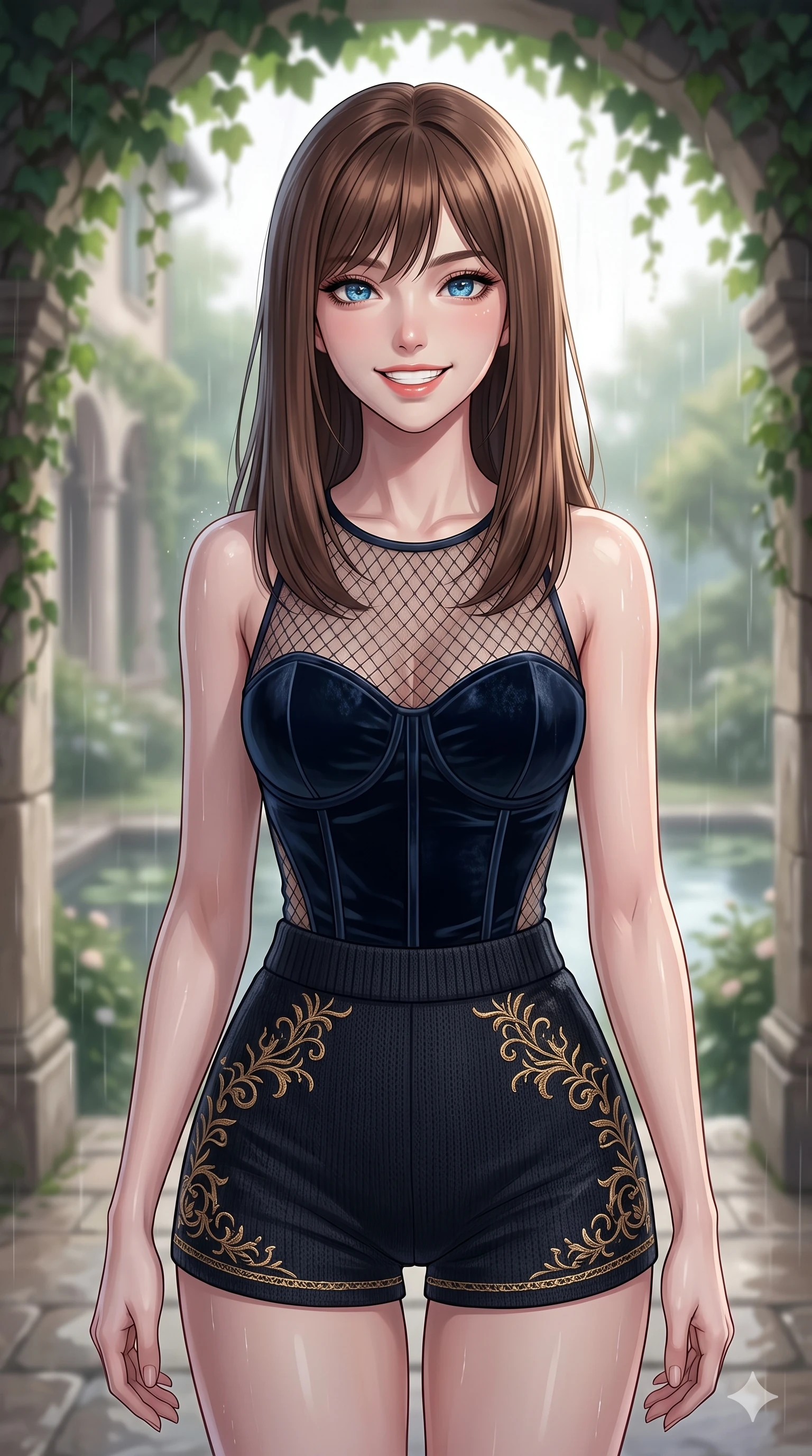 score_9, masterpiece, best quality, ultra-detailed, high-budget anime keyframe, vibrant anime aesthetic, Korean woman. close-up cowboy shot from the waist and thighs up, the character dominates the composition, filling the frame with her large presence, background elements kept in soft focus. She is posing with a bright, energetic grin, her eyes glowing with energy, with her eyes bright and full of life with a captivating and confident presence. the background shows a soft-focus stone terrace of a classic villa under a leafy ivy canopy, during a warm summer rain shower (Code-P22-172). She has an absolutely perfect proportion, an exceptionally elegant and slender female figure with an ultra-slim waist. V-shaped jawline, high-bridge nose, intricate jewel-like eyes with depth, thick eyelashes, glossy lips with a natural sheen. wearing a delicate mesh overlay worn over a structured velvet bodice and knit shorts in midnight black with gold embroidery. She is drenched in soft, diffused light of a rainy afternoon, creating clean outlines, accentuating her slender silhouette by the quiet garden pond. 2k, ultra detail, master piece, 9:16 ratio