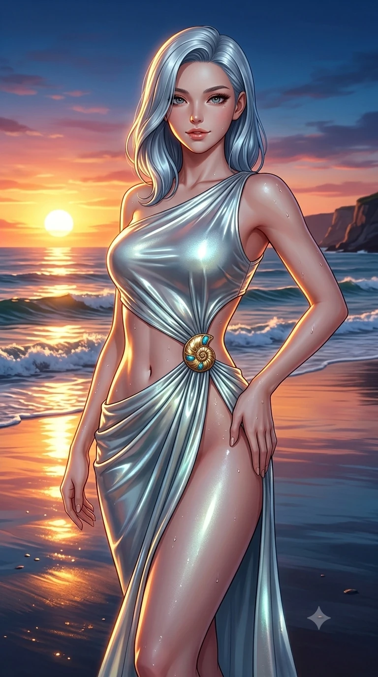 score_9, masterpiece, best quality, ultra-detailed, high-budget anime keyframe, semi-realistic 3D game render, editorial fashion photography, tasteful artistic composition, Korean woman. close-up cowboy shot from the waist and thighs up, the character dominates the composition, filling the frame with her large presence. arching her spine backward with effortless dancer poise, one hand sliding along her hip line as directional light carves specular highlights along her silhouette while twisting her slender torso in an alluring contrapposto stance on the mirror-like wet sand, sunset reflections tracing her flat midriff and curvy hips. The surrounding environment is rendered in vivid detail and crisp panoramic clarity: detailed wet-look neoprene surfing bodysuit tailoring, glistening water beads on skin, and coastal surf scape in razor-sharp precision. She has an exceptionally elegant, slender, and willowy female figure with an ultra-slim waist, flat toned midriff, narrow ribcage, and sculpted feminine hips creating an alluring, slim hourglass silhouette without bulk. sharp v-shaped jawline, high-bridge nose, sparkling eyes with hypnotic seductive depth, thick curled eyelashes, glossy parted lips with a natural dewy peach sheen, alluring bedroom-eyes with an enchanting coquettish smile, exuding magnetic siren charisma and sophisticated glamour, flawlessly proportioned anatomical accuracy, strict slender model proportions, natural body alignment, perfectly sculpted long slender limbs, ultra-slim waistline, clean dynamic posture without body distortion. wearing an asymmetric one-shoulder liquid jersey resort gown with dramatic hip-high slit and waist cutout in shimmering silver mercury and sunlit seafoam pearl, crafted from wet-look high-gloss vinyl fabric with dazzling specular surface reflections, accented with an authentic engraved gold nautilus shell medallion and turquoise cabochons, the impeccably tailored cut draping gracefully along her slender figure with aristocratic resort poise. illuminated by mirror-like wet sand bounce and sharp molten-gold rim lighting defining her jawline, flat midriff, and voluptuous hip curves. highly saturated vibrant anime colors, detailed shading with soft gradients, rich glossy textures, high-contrast stereoscopic depth, volumetric dynamic lighting, master piece, 9:16 ratio