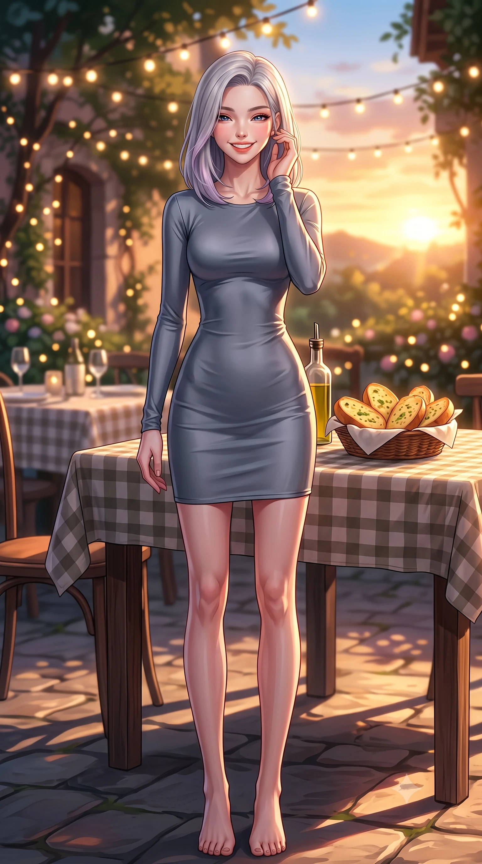 score_9, masterpiece, best quality, ultra-detailed, high-budget anime keyframe, editorial fashion photography, tasteful artistic composition, Caucasian woman. low angle full-body shot from head to toe showing her feet, filling the entire 9:16 vertical frame with her statuesque presence, stretching her vertical silhouette. standing with a cute, bright pose, tilting her head with a beaming smile set against a soft-focus background of at an outdoor garden table of a cozy Italian bistro decorated with fairy lights with a basket of warm garlic bread and olive oil on the checkered tablecloth. She has an absolutely perfect, statuesque 8.5-heads proportion, an exceptionally tall and slender model-like female figure with impossibly long slender legs and an ultra-slim waist. sharp v-shaped jawline, high-bridge nose, intricate jewel-like eyes with depth, thick eyelashes, glossy lips with a natural sheen. wearing body-hugging body-hugging long-sleeve silk dress in slate grey, following her form elegantly. golden hour sunset light casting long warm shadows on the restaurant table. highly saturated vibrant anime colors, detailed shading with soft gradients, rich glossy textures, high-contrast stereoscopic depth, volumetric dynamic lighting, master piece, 9:16 ratio