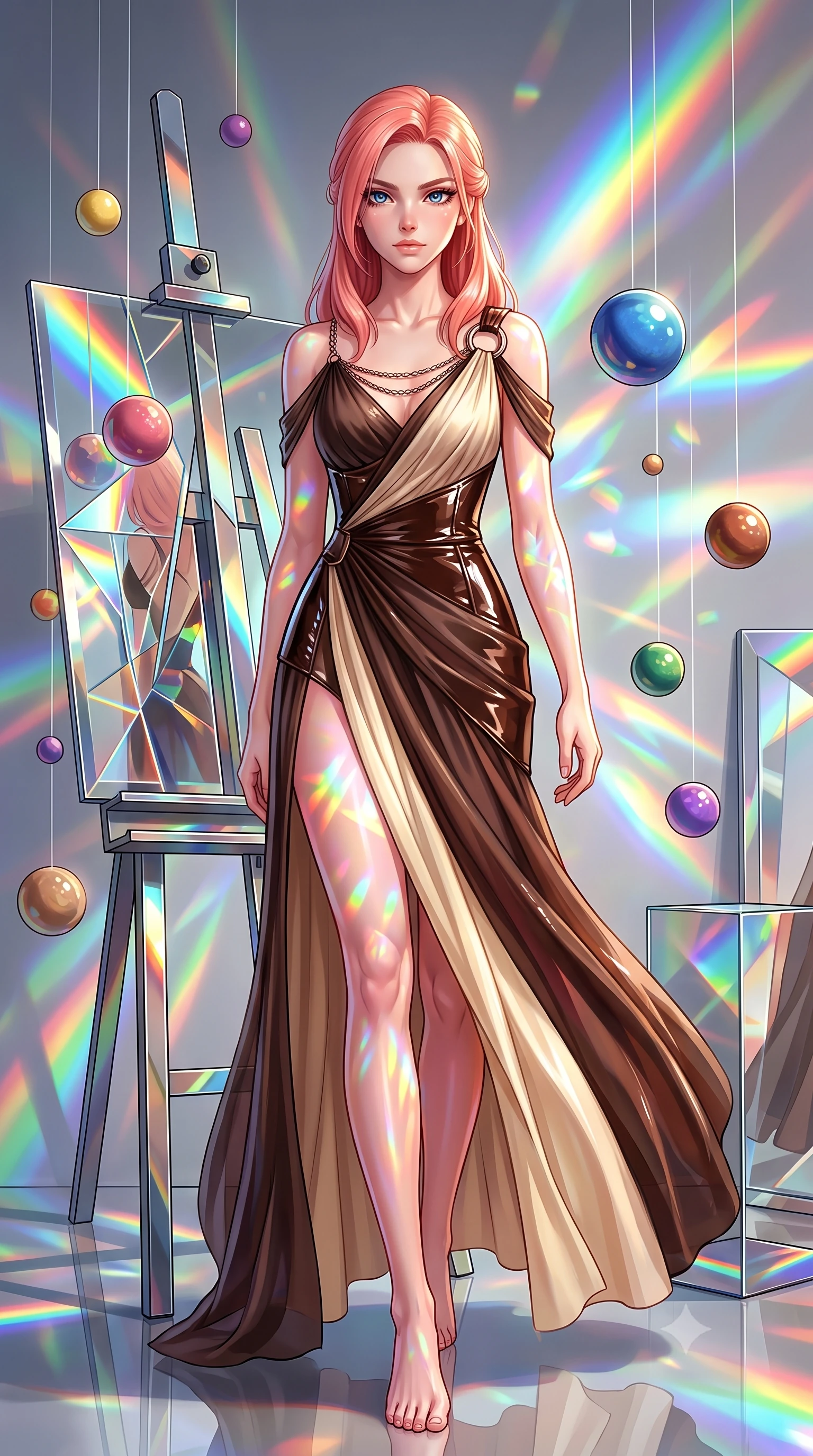 score_9, masterpiece, best quality, ultra-detailed, high-budget anime keyframe, editorial fashion photography, tasteful artistic composition, Japanese woman. low angle full-body shot from head to toe showing her feet, filling the entire 9:16 vertical frame with her statuesque presence, stretching her vertical silhouette. stepping forward with proud posture, filling the vertical frame with her magnetic presence leaning against a mirrored easel surrounded by suspended pigment spheres, a kaleidoscope of refractions forming geometric light patterns on her skin. She has an absolutely perfect, statuesque 8.5-heads proportion, an exceptionally tall and slender model-like female figure with impossibly long slender legs and an ultra-slim waist. sharp v-shaped jawline, high-bridge nose, intricate jewel-like eyes with depth, thick eyelashes, glossy lips with a natural sheen. wearing an asymmetrical Grecian draped chiffon gown with a metallic shoulder ring in espresso brown and warm cream, tailored from high-gloss patent leather, adorned with delicate metallic chain straps along the neckline, the sleek second-skin texture accentuating her magnetic presence. illuminated by brilliant multi-color rainbow light refracting through glass. highly saturated vibrant anime colors, detailed shading with soft gradients, rich glossy textures, high-contrast stereoscopic depth, volumetric dynamic lighting, master piece, 9:16 ratio