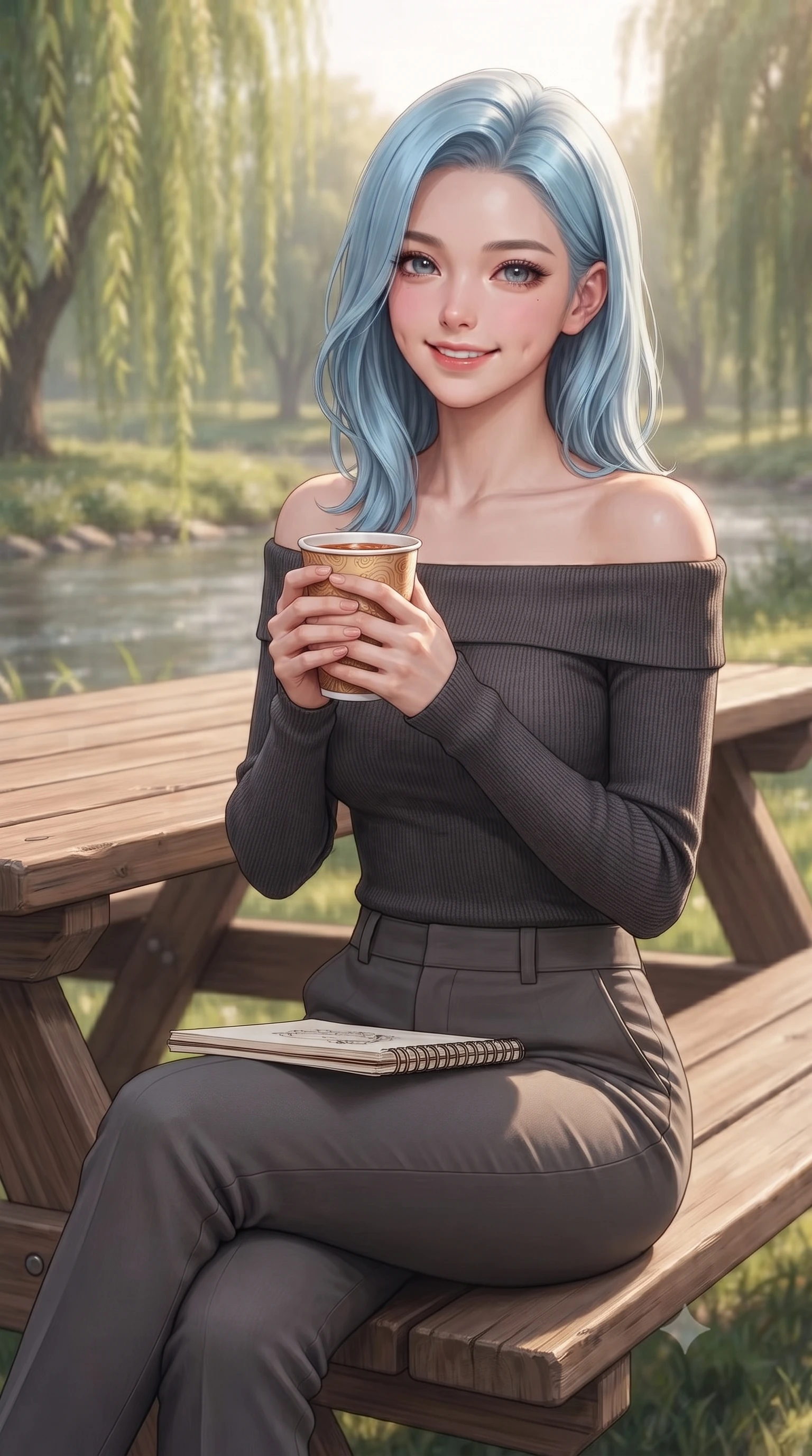 score_9, masterpiece, best quality, ultra-detailed, high-budget anime keyframe, editorial fashion photography, tasteful artistic composition, Korean woman. close-up cowboy shot from the waist and thighs up, the character dominates the composition, filling the frame with her large presence, background elements kept in soft focus. smiling with soft, cute dimples, holding a warm cup of tea with both hands set against a soft-focus background of at a riverside picnic area with wooden tables under weeping willow trees with a paper cup of warm tea and a small sketchbook on her lap. She has an exceptionally elegant, slender, and willowy female figure with an ultra-slim waist, a gracefully sculpted slender torso, and a refined silhouette. sharp v-shaped jawline, high-bridge nose, intricate jewel-like eyes with depth, thick eyelashes, glossy lips with a natural sheen. wearing tailored body-hugging off-shoulder knit top in charcoal, paired with tailored slim pants. soft afternoon sunbeams creating a peaceful, quiet country atmosphere. ultra-reflective glossy finish, specular highlights, metallic sheen, high-contrast stereoscopic depth, volumetric dynamic lighting, 2k, ultra detail, master piece, 9:16 ratio