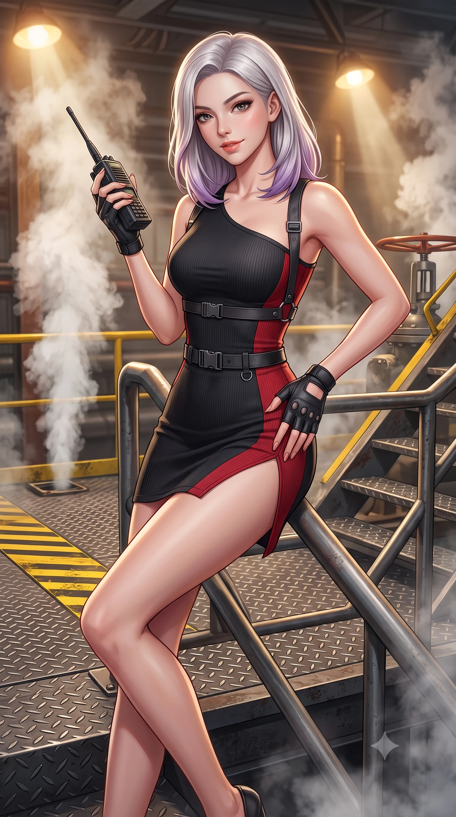 score_9, masterpiece, best quality, ultra-detailed, high-budget anime keyframe, semi-realistic 3D game render, editorial fashion photography, tasteful artistic composition, Caucasian woman. close-up cowboy shot from the waist and thighs up, the character dominates the composition, filling the frame with her large presence. tilting her head with a teasing half-smile, running one hand slowly down the side of her hip in a flirtatious S-curve as ambient light caresses her silhouette while perched sideways on the steel stairway railing with one leg extended, holding a tactical radio with dangerous coquettish cool. The surrounding environment is rendered in vivid detail and crisp panoramic clarity: sharp steel diamond-plate grating texture, safety yellow warning stripes, and pressurized steam valve clarity in deep focus. She has an exceptionally elegant, slender, and willowy female figure with an ultra-slim waist, flat toned midriff, narrow ribcage, and sculpted feminine hips creating an alluring, slim hourglass silhouette without bulk. sharp v-shaped jawline, high-bridge nose, sparkling eyes with hypnotic seductive depth, thick curled eyelashes, glossy parted lips with a natural dewy peach sheen, alluring bedroom-eyes with an enchanting coquettish smile, exuding magnetic siren charisma and sophisticated glamour, flawlessly proportioned anatomical accuracy, strict slender model proportions, natural body alignment, perfectly sculpted long slender limbs, ultra-slim waistline, clean dynamic posture without body distortion. wearing an asymmetric one-shoulder tactical compression mini dress with a dramatic hip-high slit and utility harness belt in matte obsidian black and tactical crimson red with gunmetal hardware, tailored from fine ribbed modal knit with gentle elastic contouring and soft hand-feel, finished with fingerless matte leather tactical driving gloves with reinforced knuckles, the glove-like clinging cut tightly following the natural contour of her hips and long slender legs with youthful 8.5-heads elegance. bathed in warm halogen work-lights cutting through dramatic shafts of white pressurized steam. highly saturated vibrant anime colors, detailed shading with soft gradients, rich glossy textures, high-contrast stereoscopic depth, volumetric dynamic lighting, master piece, 9:16 ratio