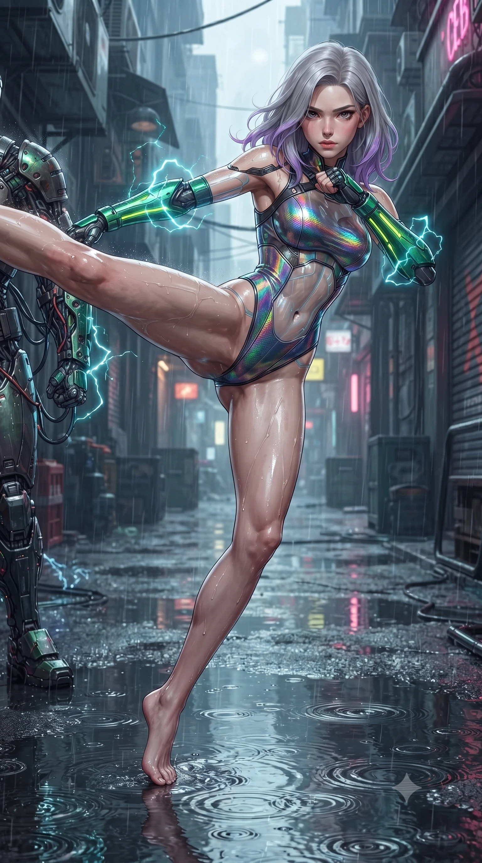 score_9, masterpiece, best quality, ultra-detailed, high-budget anime keyframe, editorial fashion photography, tasteful artistic composition, Caucasian woman. low angle full-body shot from head to toe showing her feet, filling the entire 9:16 vertical frame with her statuesque presence, stretching her vertical silhouette. pivoting dynamically in a high-speed low sweep kick along the reflective floor, her athletic torso and ultra-slim waist twisting in a fluid arc of power while assuming a defensive Panzer Kunst combat stance in a narrow rain-soaked cyberpunk alley as cyan electromagnetic arcs crackle on her elbows. The surrounding environment is rendered in vivid detail and crisp panoramic clarity. intricate cybernetic conduit wires on armor, electric arc discharge filaments, and puddle ripples in high resolution. She has an absolutely perfect, statuesque 8.5-heads proportion, an exceptionally tall and slender model-like female figure with impossibly long slender legs, a toned flat midriff, and an ultra-slim waist. sharp v-shaped jawline, high-bridge nose, intricate jewel-like eyes with depth, thick eyelashes, glossy lips with a natural sheen, flawlessly proportioned anatomical accuracy, strict slender model proportions, natural body alignment, perfectly sculpted long slender limbs, ultra-slim waistline, clean dynamic posture without body distortion. wearing a high-gloss iridescent rainbow carbon-weave bodysuit with translucent cybernetic panels and Damascus-steel forearm bracers in emerald green carbon composite with glowing lime laser channels, formed from high-gloss patent carbon-plating with specular chiaroscuro reflections, complemented by criss-cross back harness straps highlighting her completely bare spine, the precision-cut daring openings accentuating her delicate midriff, graceful bare collarbones, and ultra-slim feminine waistline. illuminated by wet reflective highlights tracing her sculpted flat midriff, waist, and long legs. ultra-reflective glossy finish, specular highlights, dark metallic sheen, high-contrast stereoscopic depth, volumetric dynamic lighting, 2k, ultra detail, master piece, 9:16 ratio