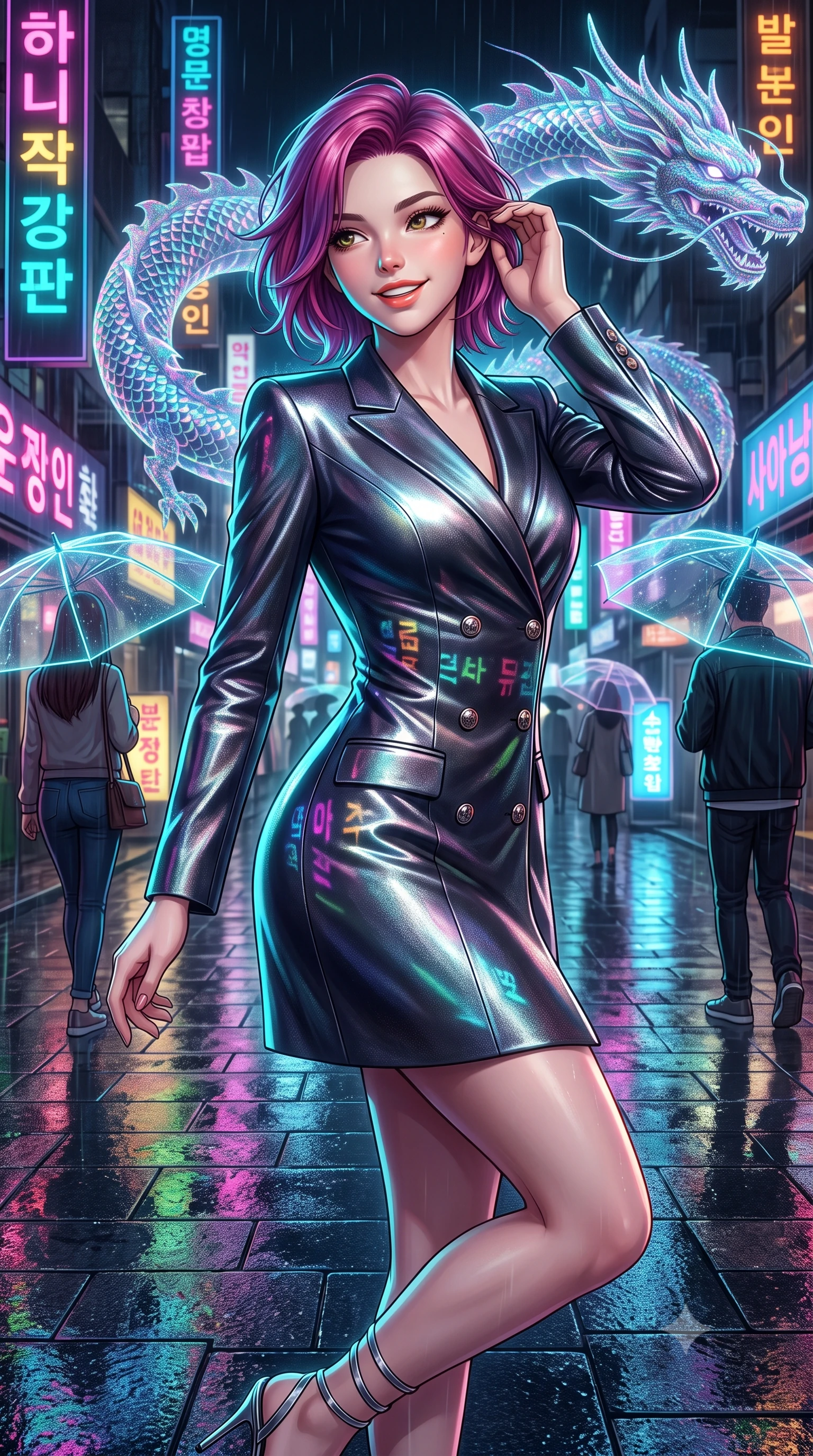 score_9, masterpiece, best quality, ultra-detailed, high-budget anime keyframe, semi-realistic 3D game render, editorial fashion photography, tasteful artistic composition, Caucasian woman. close-up cowboy shot from the waist and thighs up, the character dominates the composition, filling the frame with her large presence. gently brushing a lock of hair behind her ear while casting a playful, flirtatious side-gaze with long eyelashes while twisting her slender torso in an alluring contrapposto stance, multicolored neon Hangul typography reflecting across her narrow waist and curvy hips. The surrounding environment is rendered in vivid detail and crisp panoramic clarity: sharp wet granite paver reflections, intricate holographic scales on the floating dragon, and razor-sharp laser umbrella ribs in deep focus. She has an exceptionally elegant, slender, and willowy female figure with an ultra-slim waist, flat toned midriff, narrow ribcage, and sculpted feminine hips creating an alluring, slim hourglass silhouette without bulk. sharp v-shaped jawline, high-bridge nose, intricate jewel-like sparkling eyes with depth, thick eyelashes, glossy parted lips with a natural peach sheen, bright cheerful beaming smile with an enchanting and coquettish sensual glint, exuding both youthful cute charm and seductive allure, flawlessly proportioned anatomical accuracy, strict slender model proportions, natural body alignment, perfectly sculpted long slender limbs, ultra-slim waistline, clean dynamic posture without body distortion. wearing a tailored double-breasted iridescent silk lamé coat dress with metallic button closures in liquid mercury chrome and deep midnight obsidian, tailored from high-density tech-wool with subtle metallic thread weave, complemented by strappy stiletto sandals with metallic ankle wraps accentuating her slender calves, the bespoke structured tailoring following the natural line of her 8.5-heads silhouette with refined elegance. illuminated by wet pavement reflection bounce and sharp electric-cyan rim lights defining her jawline, narrow waist, and curvy hips. highly saturated vibrant anime colors, detailed shading with soft gradients, rich glossy textures, high-contrast stereoscopic depth, volumetric dynamic lighting, master piece, 9:16 ratio