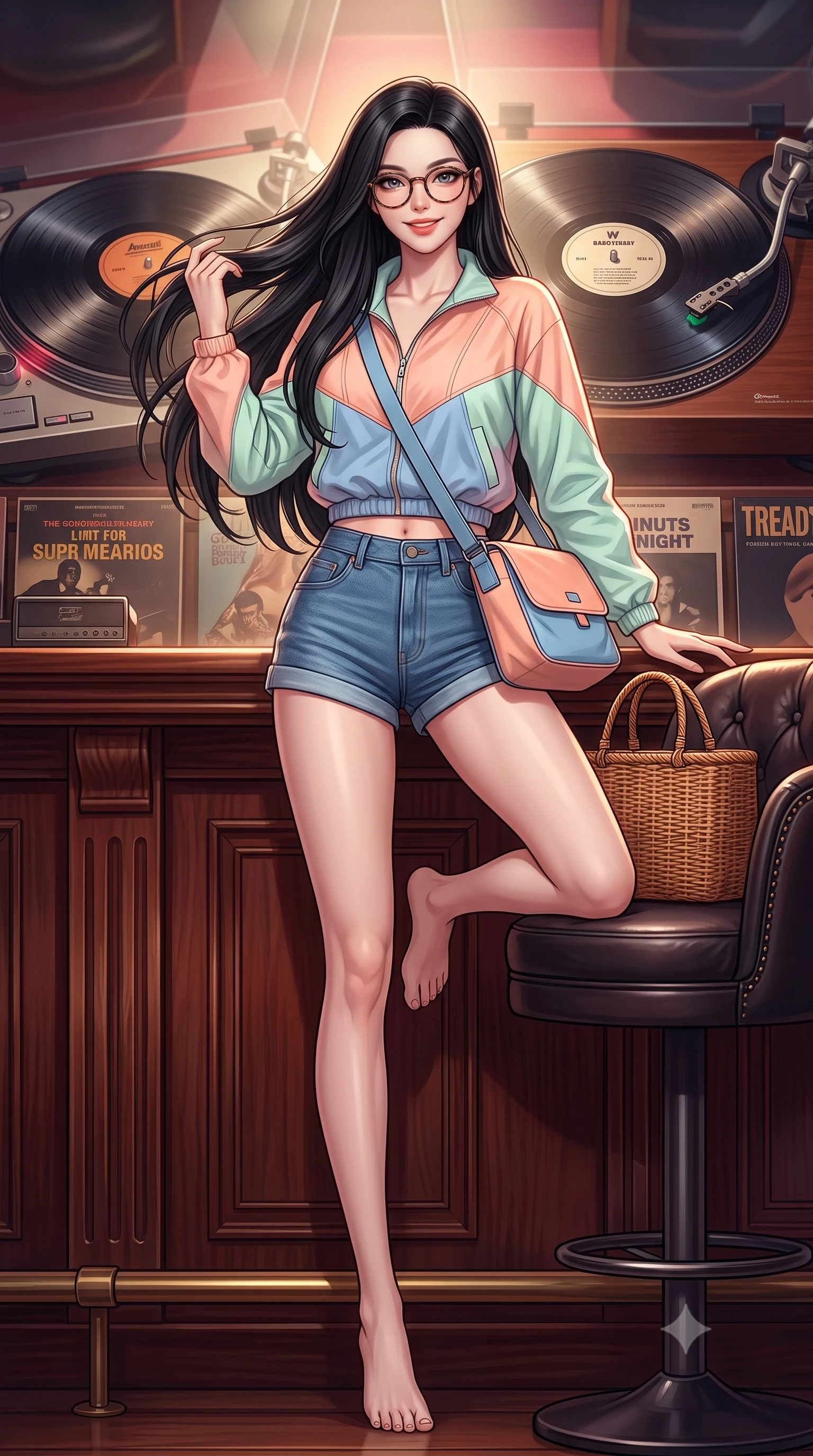 score_9, masterpiece, best quality, ultra-detailed, high-budget anime keyframe, semi-realistic 3D game render, editorial fashion photography, tasteful artistic composition, Korean woman. low angle full-body shot from head to toe showing her feet, filling the entire 9:16 vertical frame with her statuesque presence, stretching her vertical silhouette. landing lightly on the balls of her feet in a balanced kinetic stance, eyes locked onto the camera with fearless allure while sliding onto a plush leather barstool, tossing her hair with a magnetic, warm smile as the turntable spins. The surrounding environment is rendered in vivid detail and crisp panoramic clarity. sharp vinyl groove textures, retro album typography, and polished mahogany wood grain in deep focus. She has an absolutely perfect, statuesque 8.5-heads proportion, an exceptionally tall and slender model-like female figure with impossibly long slender legs, a toned flat midriff, and an ultra-slim waist. sharp v-shaped jawline, high-bridge nose, intricate jewel-like eyes with depth, thick eyelashes, glossy lips with a natural sheen, captivating and magnetic expression, flawlessly proportioned anatomical accuracy, strict slender model proportions, natural body alignment, perfectly sculpted long slender limbs, ultra-slim waistline, clean dynamic posture without body distortion. wearing a retro pastel colorblock windbreaker paired with high-waisted denim shorts and a canvas crossbody bag in soft peach and French sky blue, tailored from velvety soft genuine suede with classic stitched seams, accessorized with a rustic woven wicker basket bag and round tortoiseshell glasses, the precision-cut daring openings accentuating her delicate midriff, graceful bare collarbones, and ultra-slim feminine waistline. surrounded by a classy, soulful, and deeply romantic retro audiophile sweetheart aura. highly saturated vibrant anime colors, detailed shading with soft gradients, rich glossy textures, high-contrast stereoscopic depth, volumetric dynamic lighting, master piece, 9:16 ratio