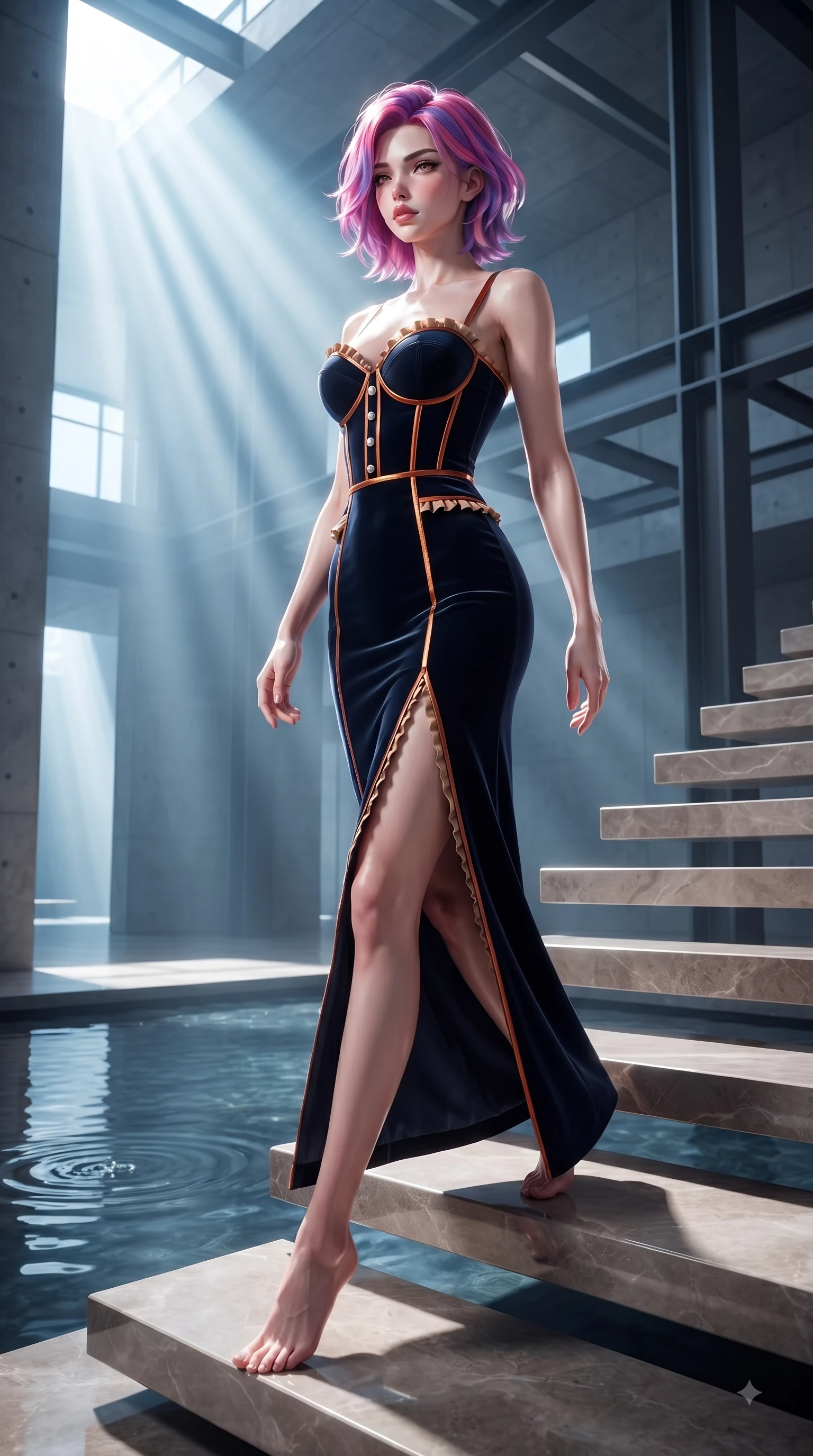 score_9, masterpiece, best quality, ultra-detailed, high-budget anime keyframe, editorial fashion photography, tasteful artistic composition, Caucasian woman. low angle full-body shot from head to toe showing her feet, filling the entire 9:16 vertical frame with her statuesque presence, stretching her vertical silhouette. Seductively magnetic look casting a fiery side-gaze with full glossy lips and smoldering glamour while ascending a minimalist floating staircase with flawless statuesque proportions. The surrounding environment is rendered in vivid detail and crisp panoramic clarity. dramatic architectural light beams, reflecting pool ripples, and sharp structural framing in high clarity. She has an absolutely perfect, statuesque 8.5-heads proportion, an exceptionally tall and slender model-like female figure with impossibly long slender legs and an ultra-slim waist. sharp v-shaped jawline, high-bridge nose, intricate jewel-like eyes with depth, thick eyelashes, glossy lips with a natural sheen, flawlessly proportioned anatomical accuracy, natural body alignment, perfectly sculpted elegant limbs, clean dynamic posture without body distortion. wearing a sleek dark navy velvet bustier gown with a deep slit and metallic accents in burnt orange and warm camel beige, tailored from structured wool crepe with clean lines, accented with delicate pearl buttons and refined ruffle trims, the form-contouring material accentuating her ultra-slim waist and long lines. illuminated by polished specular highlights and cool futuristic rim lighting. ultra-reflective glossy finish, specular highlights, metallic sheen, high-contrast stereoscopic depth, volumetric dynamic lighting, 2k, ultra detail, master piece, 9:16 ratio