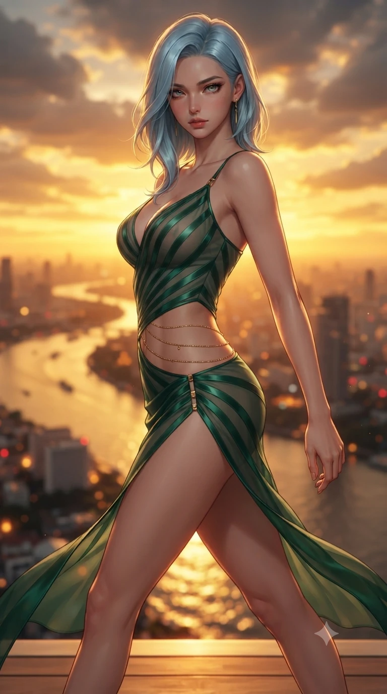 score_9, masterpiece, best quality, ultra-detailed, high-budget anime keyframe, editorial fashion photography, tasteful artistic composition, Korean woman. close-up cowboy shot from the waist and thighs up, the character dominates the composition, filling the frame with her large presence. twisting her slender torso in a deep contrapposto stance, hips dramatically shifted to accentuate her feminine curves while looking past her shoulder with smoldering bedroom-eyes while stepping forward in a confident stride across the rooftop deck, her long slender legs and curvaceous hips creating a dynamic, sweeping vertical line against the burning sunset. The background shows a soft-focus blazing golden-amber sunset clouds, curved river waterways with glittering reflections, and sprawling city towers blurred into molten gold, crimson, and charcoal bokeh. She has an exceptionally elegant, slender, and willowy female figure with an ultra-slim waist, flat toned midriff, narrow ribcage, and sculpted feminine hips creating an alluring, slim hourglass silhouette without bulk. sharp v-shaped jawline, high-bridge nose, intricate jewel-like sparkling eyes with depth, thick eyelashes, glossy parted lips with a natural sheen, intensely captivating and seductive bedroom-eyes expression, exuding both youthful cute charm and sovereign luxury allure, flawlessly proportioned anatomical accuracy, strict slender model proportions, natural body alignment, perfectly sculpted long slender limbs, ultra-slim waistline, clean dynamic posture without body distortion. wearing a plunge-front sheer illusion tulle slip dress with liquid platinum ribbon stripes hugging her curves in deep emerald green satin and gold hardware accents, crafted from translucent silk organza with an ethereal crystalline sheen, accented with a dainty gold belly chain resting across her flat midriff and curving hips, the form-contouring material adhering flawlessly to her sculpted flat midriff and slender torso, emphasizing her long leg lines and perfectly proportioned willowy build. illuminated by deck surface bounce and intense golden-crimson rim lights sculpting her razor-sharp jawline, narrow waist, and curvy hips. ultra-reflective glossy finish, specular highlights, rich textural contrasts, high-contrast stereoscopic depth, volumetric dynamic lighting, 2k, ultra detail, master piece, 9:16 ratio