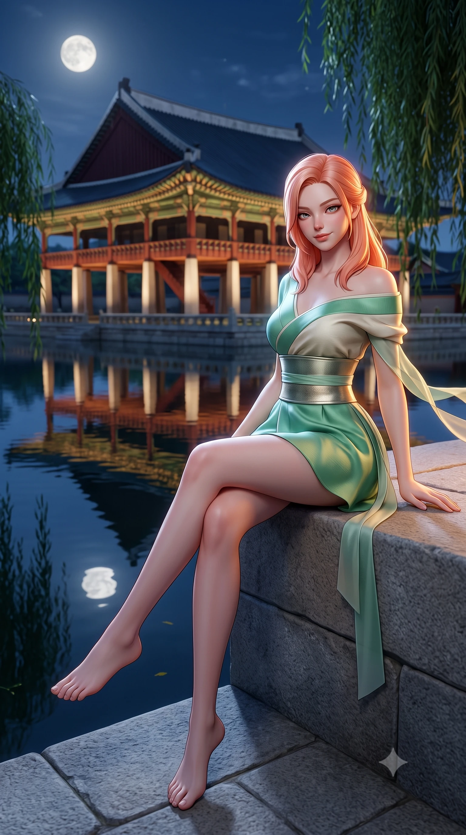 score_9, masterpiece, best quality, ultra-detailed, high-budget anime keyframe, semi-realistic 3D game render, editorial fashion photography, tasteful artistic composition, Japanese woman. low angle full-body shot from head to toe showing her feet, filling the entire 9:16 vertical frame with her statuesque presence, stretching her vertical silhouette. sitting perched on the elevated pavilion terrace edge with legs crossed and hips angled toward the camera, displaying her toned midriff and long slender limbs with joyful, coquettish charm while twisting her slender torso in an alluring S-curve, royal palace waters reflecting the illuminated two-story pavilion and her curvaceous silhouette. The background shows a soft-focus weeping willow branches trailing into the mirror-like water softened in royal Korean nocturnal shallow focus. She has an absolutely perfect, statuesque 8.5-heads proportion, an exceptionally tall and slender model-like female figure with impossibly long slender legs, an ultra-slim waist, a flat toned midriff, narrow delicate ribcage, and beautifully sculpted feminine hips creating a graceful, slim hourglass silhouette without any bulky heaviness. sharp v-shaped jawline, high-bridge nose, intricate jewel-like dark sparkling almond eyes with depth, thick lashes, glossy parted lips with a natural rose-plum sheen, bright alluring and coquettish smile with bedroom-eyes, exuding both timeless oriental elegance and sovereign high-fashion allure, flawlessly proportioned anatomical accuracy, strict slender model proportions, natural body alignment, perfectly sculpted long slender limbs, ultra-slim waistline, clean dynamic posture without body distortion. wearing an asymmetric off-shoulder cyber-kimono mini dress with a wide metallic obi corset belt accentuating her narrow waist in fresh bamboo emerald and soft oatmeal cream, tailored from smooth celadon raw silk with natural organic slub texture, accented with flowing gossamer silk ribbons that flutter dynamically in the evening breeze, the high-waisted wrap tailoring accentuating her ultra-slim waistline and the enchanting curve of her feminine hips with alluring oriental charm. illuminated by full moon celestial rays and sharp warm-gold rim lights defining her sculpted collarbones, ultra-slim waist, and curvy hips. highly saturated vibrant anime colors, detailed shading with soft gradients, rich glossy textures, high-contrast stereoscopic depth, volumetric dynamic lighting, master piece, 9:16 ratio