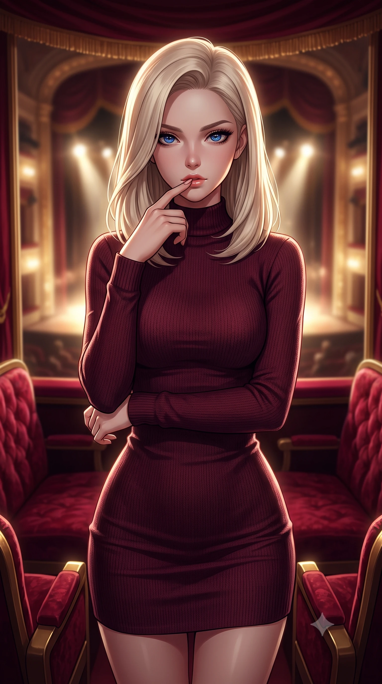 score_9, masterpiece, best quality, ultra-detailed, high-budget anime keyframe, editorial fashion photography, tasteful artistic composition, Caucasian woman. close-up cowboy shot from the waist and thighs up, the character dominates the composition, filling the frame with her large presence, background elements kept in soft focus. pressing one finger to her bottom lip in a thoughtful, seductive gesture under the warm sun the background shows a soft-focus an intimate opera box suite with plush velvet seats and a view of the glowing stage. She has an exceptionally elegant, slender, and willowy female figure with an ultra-slim waist, a gracefully sculpted slender torso, and a refined silhouette. sharp v-shaped jawline, high-bridge nose, intricate jewel-like eyes with depth, thick eyelashes, glossy lips with a natural sheen. wearing a tailored form-contouring bodycon sweater dress in deep burgundy, featuring a snug mock-neck. dramatic theater stage lights casting a bright key light and deep shadows on her silhouette. ultra-reflective glossy finish, specular highlights, metallic sheen, high-contrast stereoscopic depth, volumetric dynamic lighting, 2k, ultra detail, master piece, 9:16 ratio
