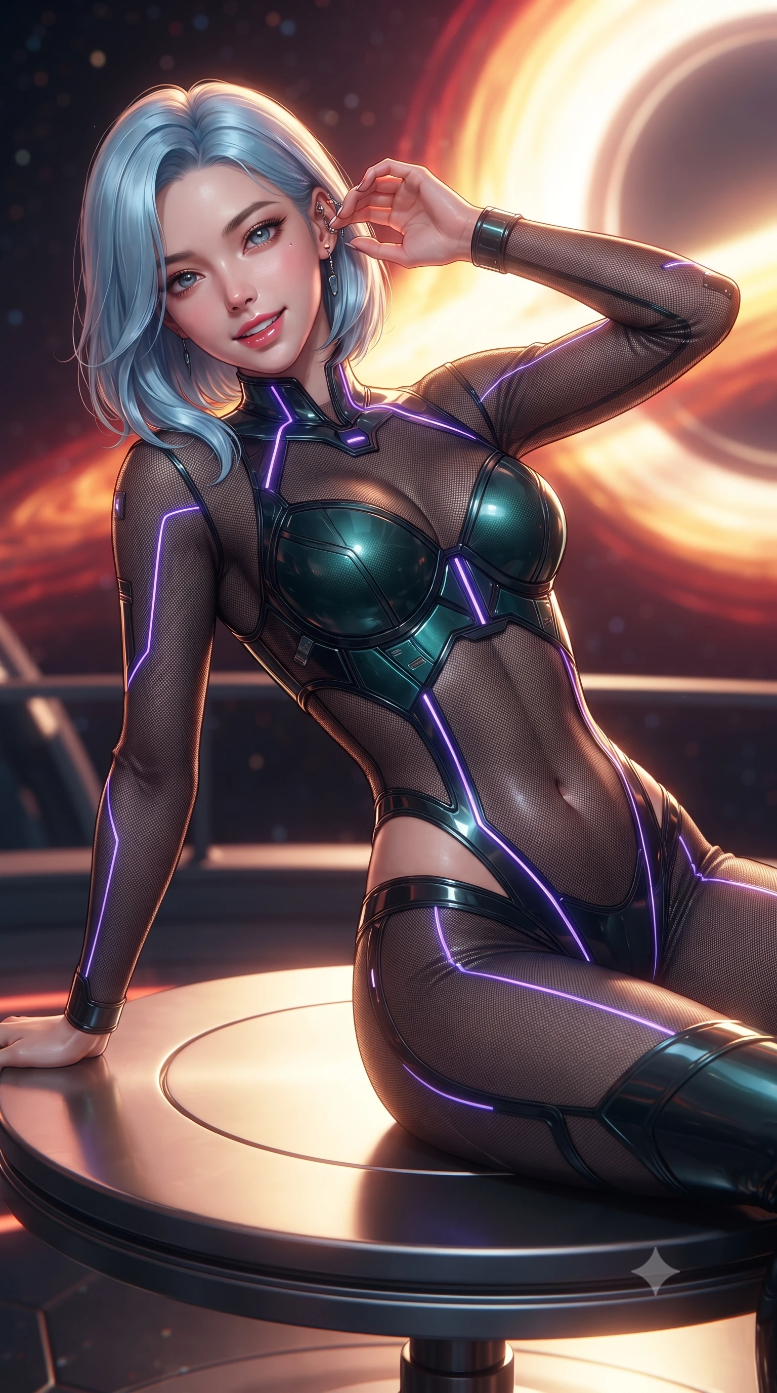score_9, masterpiece, best quality, ultra-detailed, high-budget anime keyframe, editorial fashion photography, tasteful artistic composition, Korean woman. close-up cowboy shot from the waist and thighs up, the character dominates the composition, filling the frame with her large presence. tilting her head with a captivating smile while arching her spine with dancer poise, one hand adjusting her ear comm-link in a flirtatious S-curve while reclining on a circular titanium lounger propped on one elbow, her flat midriff and long slender limbs glowing in cosmic event horizon radiance. The surrounding environment is rendered in vivid detail and crisp panoramic clarity: detailed combat suit weave, blinding accretion light reflections on armor, and deep-space observatory architecture in high clarity. She has an exceptionally elegant, slender, and willowy female figure with an ultra-slim waist, flat toned midriff, narrow ribcage, and sculpted feminine hips creating an alluring, slim hourglass silhouette without bulk. sharp v-shaped jawline, high-bridge nose, intricate jewel-like sparkling eyes with depth, thick eyelashes, glossy parted lips with a natural sheen, bright confident smile with an enchanting and coquettish sensual glint, exuding both youthful magnetic charm and sovereign high-tech allure, flawlessly proportioned anatomical accuracy, strict slender model proportions, natural body alignment, perfectly sculpted long slender limbs, ultra-slim waistline, clean dynamic posture without body distortion. wearing a semi-translucent smoke-black mesh tactical catsuit with reinforced carbon-fiber bustier plating in dark emerald teal and ultraviolet glow lines, tailored from ultra-reflective glossy liquid vinyl with mirror-like specular highlights, finished with polished chrome buckle hardware and modular magnetic holster clasps, the precision-cut side openings and low-back scoop framing her graceful spine and the sensual sweep of her slim, toned hips. bathed in intense, blazing golden and crimson relativistic light streaming from the accretion disk. ultra-reflective glossy finish, specular highlights, rich textural contrasts, high-contrast stereoscopic depth, volumetric dynamic lighting, 2k, ultra detail, master piece, 9:16 ratio