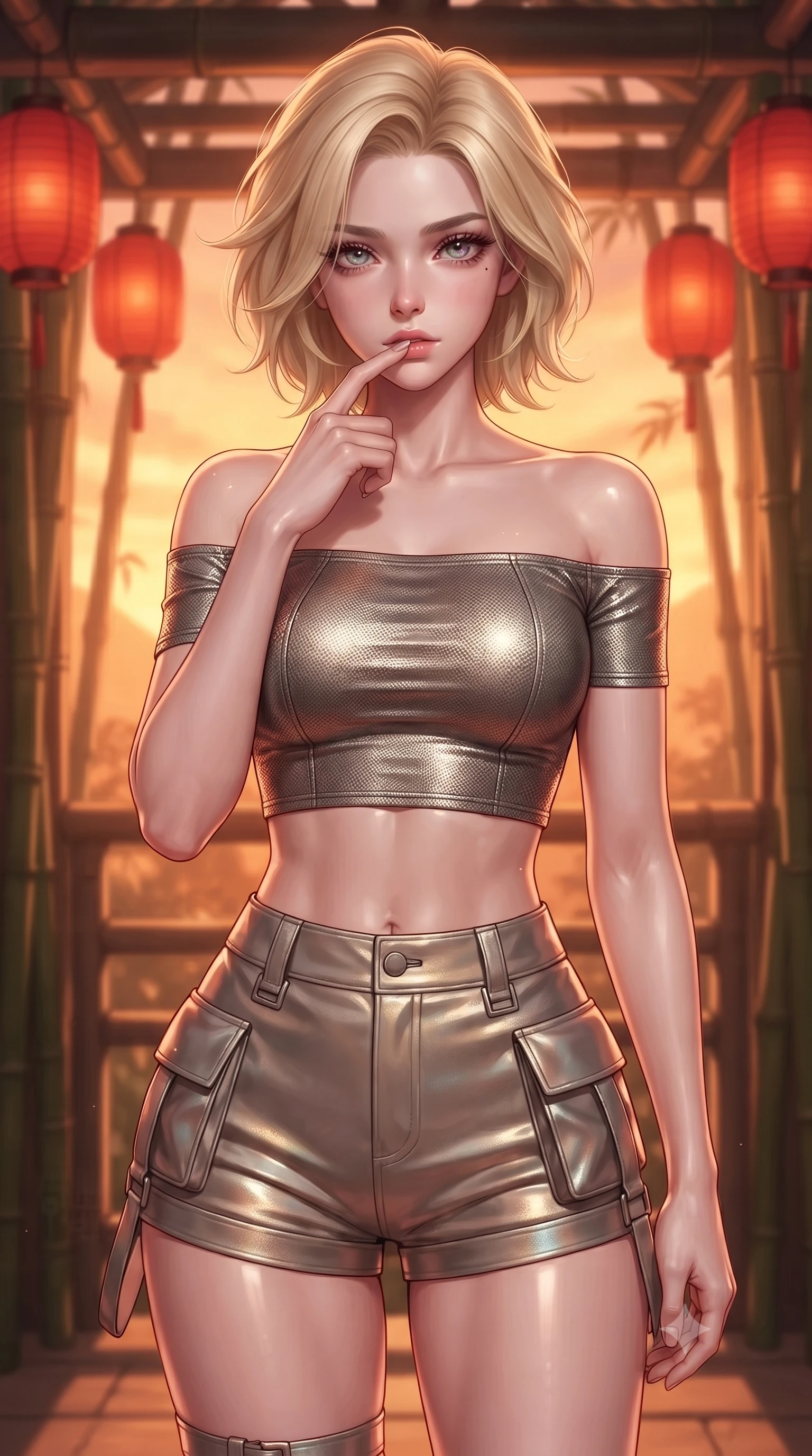 score_9, masterpiece, best quality, ultra-detailed, high-budget anime keyframe, editorial fashion photography, tasteful artistic composition, Caucasian woman. close-up cowboy shot from the waist and thighs up, the character dominates the composition, filling the frame with her large presence, background elements kept in soft focus. pressing one finger to her bottom lip in a thoughtful, composed gesture, locking eyes with the viewer, the background shows a soft-focus a bamboo forest balcony with red lanterns hanging from carbon beams. She has an exceptionally elegant, slender, and willowy female figure with an ultra-slim waist, a gracefully sculpted slender torso, and a refined silhouette. sharp v-shaped jawline, high-bridge nose, intricate jewel-like eyes with depth, thick eyelashes, glossy lips with a natural sheen. wearing a form-contouring chic off-shoulder carbon-plate crop top, paired with high-waisted utility micro-shorts. warm sunset light casting a peaceful, cozy orange wash on her figure. ultra-reflective glossy finish, specular highlights, metallic sheen, high-contrast stereoscopic depth, volumetric dynamic lighting, 2k, ultra detail, master piece, 9:16 ratio
