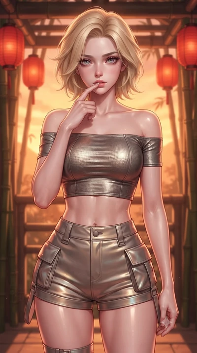 score_9, masterpiece, best quality, ultra-detailed, high-budget anime keyframe, editorial fashion photography, tasteful artistic composition, Caucasian woman. close-up cowboy shot from the waist and thighs up, the character dominates the composition,