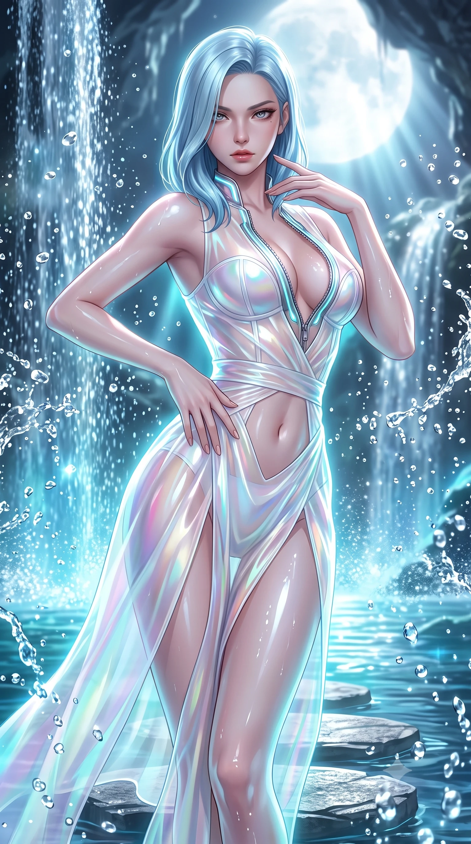 score_9, masterpiece, best quality, ultra-detailed, high-budget anime keyframe, semi-realistic 3D game render, editorial fashion photography, tasteful artistic composition, Korean woman. close-up cowboy shot from the waist and thighs up, the character dominates the composition, filling the frame with her large presence. twisting her upper body in a dynamic S-curve with an alluring smolder, one hand trailing along her slender waist while pivoting dynamically on a submerged stepping stone as water droplets sparkle like pearls in mid-air. The surrounding environment is rendered in vivid detail and crisp panoramic clarity. sharp water droplet splashes, cascading waterfall spray textures, and glowing moonbeams in high resolution. She has an exceptionally elegant, slender, and willowy female figure with an ultra-slim waist, a gracefully sculpted slender torso, toned flat midriff, and a refined slim silhouette. sharp v-shaped jawline, high-bridge nose, intricate jewel-like eyes with depth, thick eyelashes, glossy lips with a natural sheen, flawlessly proportioned anatomical accuracy, strict slender model proportions, natural body alignment, perfectly sculpted long slender limbs, ultra-slim waistline, clean dynamic posture without body distortion. wearing a translucent iridescent organza wrap dress with structured bustier boning, plunging neckline, and high-cut dual leg slits in glistening liquid pearl white with rainbow opalescence, crafted from ultra-reflective second-skin latex with a high-gloss glass-like polish, featuring a dangerously unzipped neckline framed by glowing cybernetic accents, the sleek second-skin cut tightly hugging her graceful clavicle, narrow waist, and feminine curves with athletic precision. bathed in brilliant silver moonlight backlighting and glowing cyan water refractions. highly saturated vibrant anime colors, detailed shading with soft gradients, rich glossy textures, high-contrast stereoscopic depth, volumetric dynamic lighting, master piece, 9:16 ratio