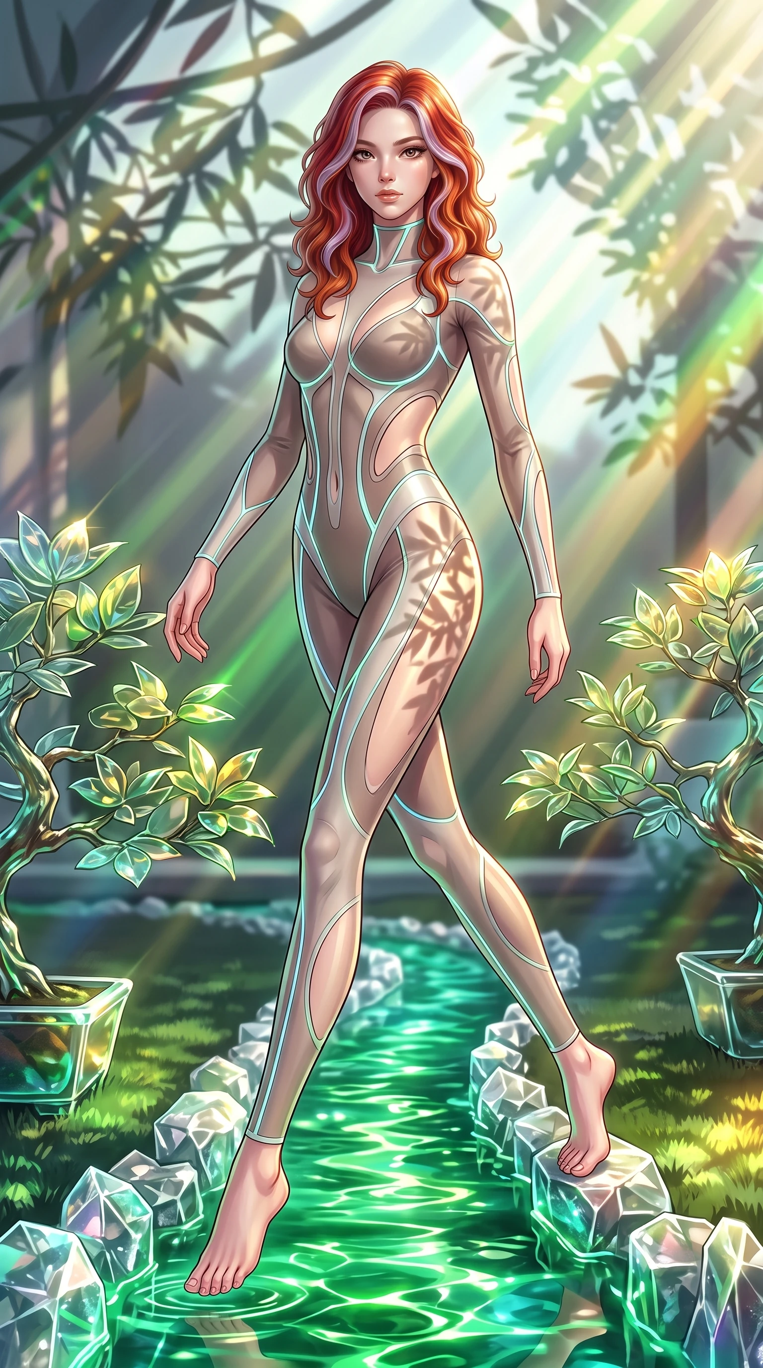score_9, masterpiece, best quality, ultra-detailed, high-budget anime keyframe, editorial fashion photography, tasteful artistic composition, Caucasian woman. low angle full-body shot from head to toe showing her feet, filling the entire 9:16 vertical frame with her statuesque presence, stretching her vertical silhouette. stepping forward in a proud dynamic stride, her vertical silhouette filling the frame with statuesque presence while leaping gracefully over a hydro-flow crystal stream flowing with emerald liquid light, translucent glass bonsai leaves reflecting vibrant emerald and gold sunbursts. She has an absolutely perfect, statuesque 8.5-heads proportion, an exceptionally tall and slender model-like female figure with impossibly long slender legs and an ultra-slim waist. sharp v-shaped jawline, high-bridge nose, intricate jewel-like eyes with depth, thick eyelashes, glossy lips with a natural sheen, flawlessly proportioned anatomical accuracy, natural body alignment, perfectly sculpted elegant limbs, clean dynamic posture without body distortion. wearing a skin-tight cybernetic bodysuit with glowing neon seams and side cutouts in muted taupe and soft ivory, woven from fine semi-opaque sheer organza, featuring clean architectural cutouts along her slender torso, the tailored fabric tightly following every curve of her athletic build. illuminated by brilliant sunbeams casting organic leaf stencil shadows. highly saturated vibrant anime colors, detailed shading with soft gradients, rich glossy textures, high-contrast stereoscopic depth, volumetric dynamic lighting, master piece, 9:16 ratio