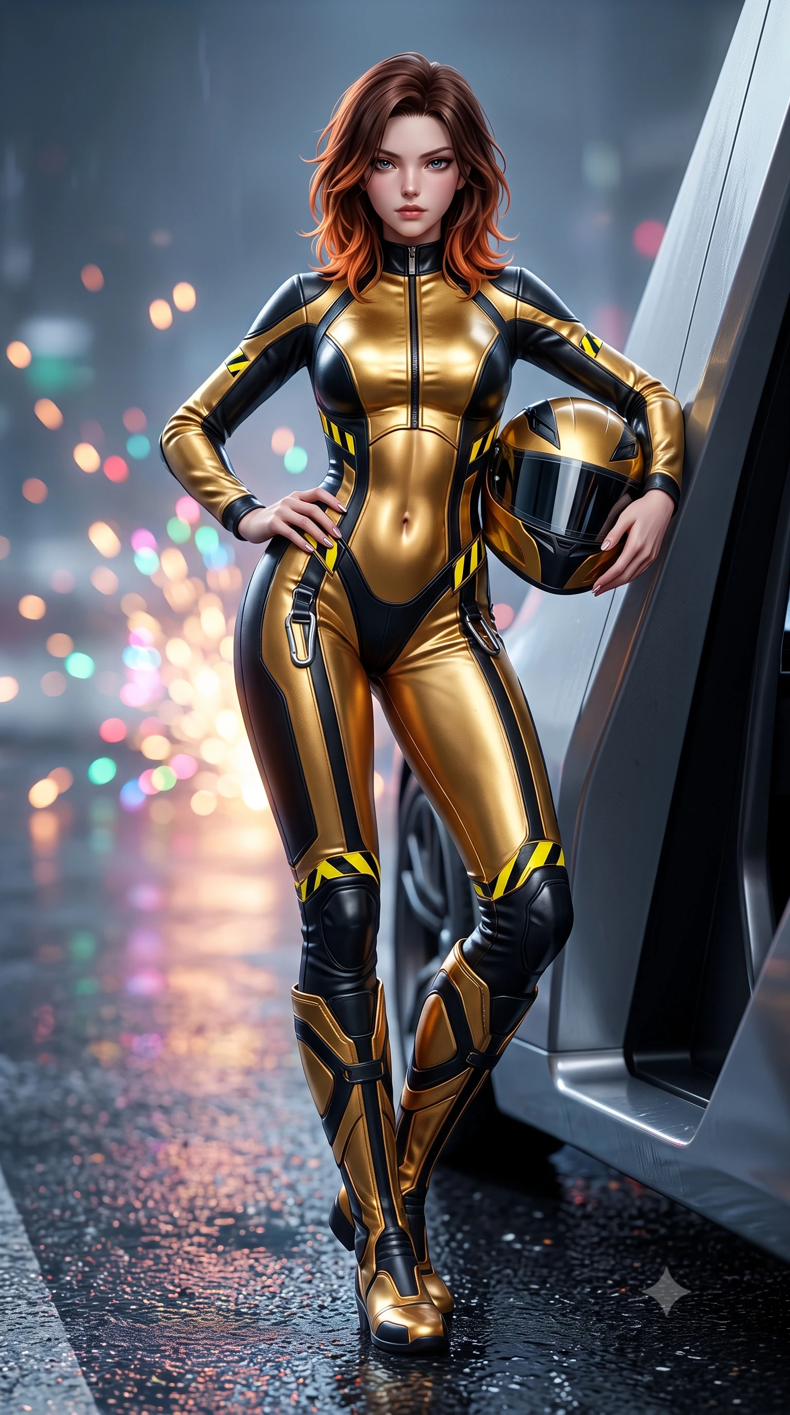 score_9, masterpiece, best quality, ultra-detailed, high-budget anime keyframe, semi-realistic 3D game render, editorial fashion photography, tasteful artistic composition, Korean woman. low angle full-body shot from head to toe showing her feet, filling the entire 9:16 vertical frame with her statuesque presence, stretching her vertical silhouette. leaning deep against the structural architecture with hips cocked in an unapologetically bold, seductive high-fashion stance while leaning deep against the driver's side door with hips cocked, helmet resting against her hip, smoldering gaze locking onto the lens. The composition keeps background elements in soft focus with creamy bokeh. rain-slicked asphalt reflections and turbo exhaust sparks scattering vivid chromatic light motes. She has an absolutely perfect, statuesque 8.5-heads proportion, an exceptionally tall and slender model-like female figure with impossibly long slender legs, a toned flat midriff, and an ultra-slim waist. sharp v-shaped jawline, high-bridge nose, intricate jewel-like eyes with depth, thick eyelashes, glossy parted lips with a natural sheen, intensely captivating and seductive expression, flawlessly proportioned anatomical accuracy, strict slender model proportions, natural body alignment, perfectly sculpted long slender limbs, ultra-slim waistline, clean dynamic posture without body distortion. wearing a second-skin motocore bodysuit with bold racing stripes and ergonomic aerodynamic knee-high boots in metallic liquid gold and obsidian black, tailored from supple second-skin lambskin leather adhering to her curves, finished with high-visibility hazard warning tape details and carabiner clips, the athletic second-skin cut highlighting her toned flat midriff and slender model proportions during dynamic action. surrounded by a fierce, electrifying, and irresistibly intoxicating motorsport queen aura. highly saturated vibrant anime colors, detailed shading with soft gradients, rich glossy textures, high-contrast stereoscopic depth, volumetric dynamic lighting, master piece, 9:16 ratio