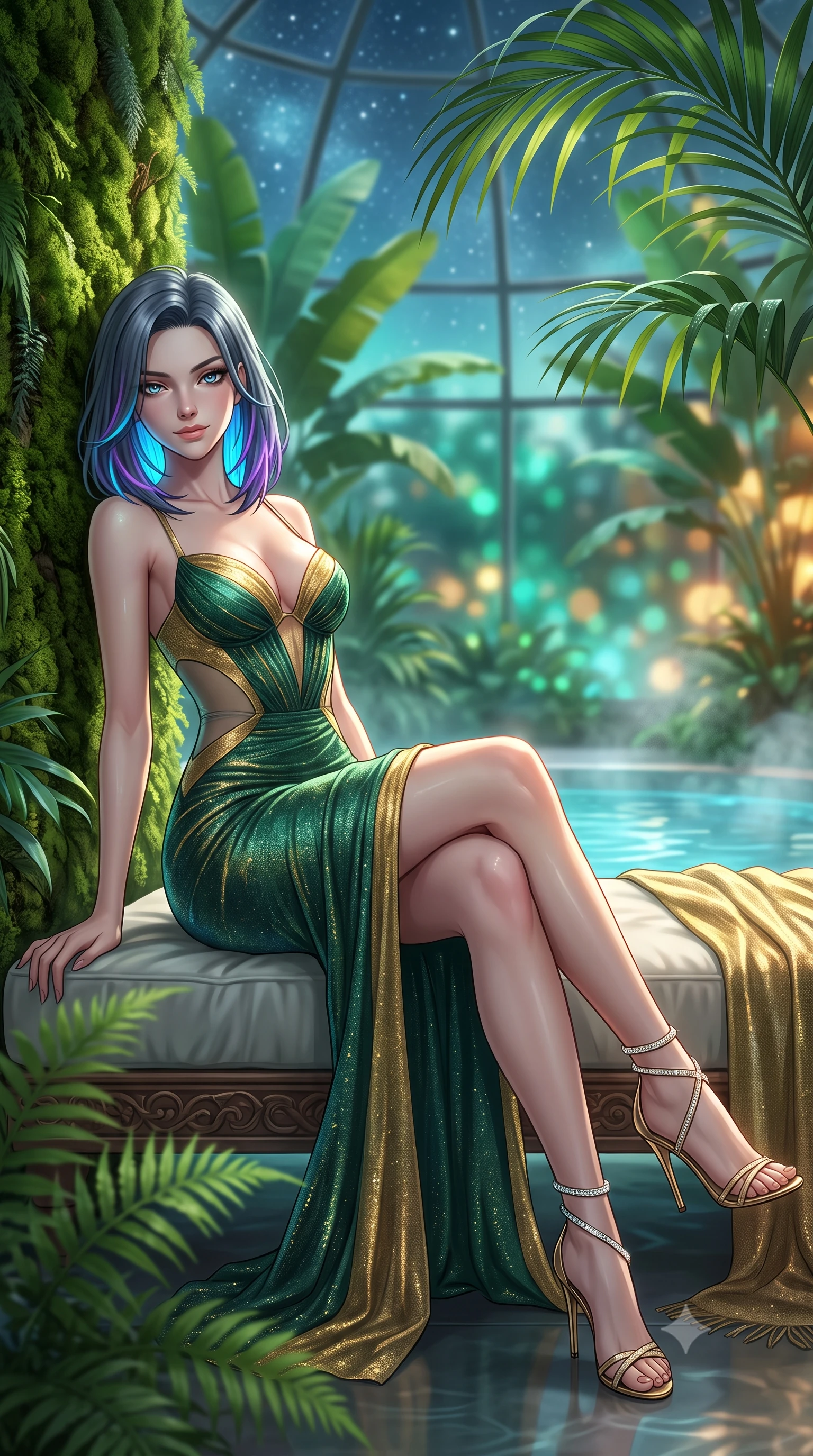 score_9, masterpiece, best quality, ultra-detailed, high-budget anime keyframe, editorial fashion photography, tasteful artistic composition, Caucasian woman. low angle full-body shot from head to toe showing her feet, filling the entire 9:16 vertical frame with her statuesque presence, stretching her vertical silhouette. lounging on the lavish daybed with legs crossed and hips angled toward the camera, displaying her toned midriff and long slender limbs with effortless siren poise while leaning against the lush vertical moss wall with hips cocked back, looking through dewy tropical palms with heavy-lidded bedroom-eyes. The background shows a soft-focus steaming indoor thermal pool, lush subarctic greenhouse banana palms and ferns, and starry subpolar sky through glass dome blurred into emerald, turquoise, and amber bokeh. She has an exceptionally tall and slender model-like 8.5-heads proportion, an ultra-slim waist, a flat toned midriff, narrow delicate ribcage, and beautifully sculpted feminine hips creating a graceful, slim hourglass silhouette without any bulky heaviness, with impossibly long slender legs. sharp v-shaped jawline, high-bridge nose, intricate jewel-like sparkling eyes with depth, thick eyelashes, glossy parted lips with a natural peach sheen, bright cheerful beaming smile with an enchanting and coquettish sensual glint, exuding both youthful cute charm and seductive allure, flawlessly proportioned anatomical accuracy, strict slender model proportions, natural body alignment, perfectly sculpted long slender limbs, ultra-slim waistline, clean dynamic posture without body distortion. wearing an alluring plunging sweetheart bustier dress with sheer mesh side-waist cutouts contouring her ribs in Bavarian alpine spruce green and Neuschwanstein gilded gold, woven from stretch metallic lurex jersey casting radiant starlight glints across her curves, complemented by strappy stiletto sandals with crystal ankle wraps accentuating her slender calves, the impeccably tailored cut draping gracefully along her slender figure with aristocratic poise. illuminated by mineral pool specular bounce and sharp gold-cyan dual rim lights sculpting her jawline, narrow waist, and curvy hips. ultra-reflective glossy finish, specular highlights, rich textural contrasts, high-contrast stereoscopic depth, volumetric dynamic lighting, 2k, ultra detail, master piece, 9:16 ratio