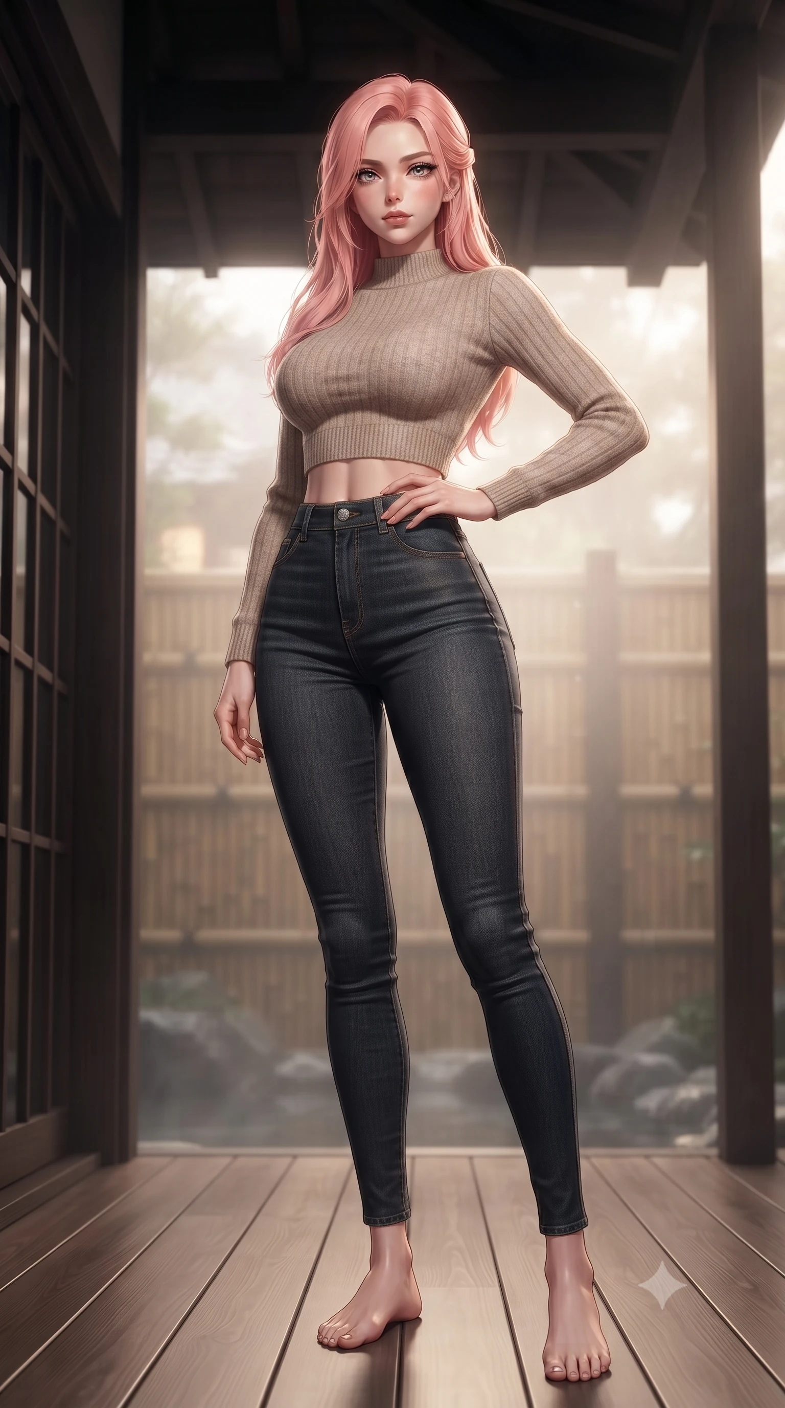 score_9, masterpiece, best quality, ultra-detailed, high-budget anime keyframe, editorial fashion photography, tasteful artistic composition, Japanese woman. low angle full-body shot from head to toe showing her feet, filling the entire 9:16 vertical frame with her statuesque presence, stretching her vertical silhouette. posing confidently with one hand on her hip, stretching her statuesque body to emphasize her curves the background shows a soft-focus a cozy hot spring veranda with dark cedar wood partitions and bamboo fences. She has an absolutely perfect, statuesque 8.5-heads proportion, an exceptionally tall and slender model-like female figure with impossibly long slender legs and an ultra-slim waist. sharp v-shaped jawline, high-bridge nose, intricate jewel-like eyes with depth, thick eyelashes, glossy lips with a natural sheen. wearing a body-hugging tight-fitting crop sweater in oatmeal wool, paired with high-waisted form-fitting pants. soft morning mist diffusing the warm sunbeams, creating a tranquil atmosphere. ultra-reflective glossy finish, specular highlights, metallic sheen, high-contrast stereoscopic depth, volumetric dynamic lighting, 2k, ultra detail, master piece, 9:16 ratio