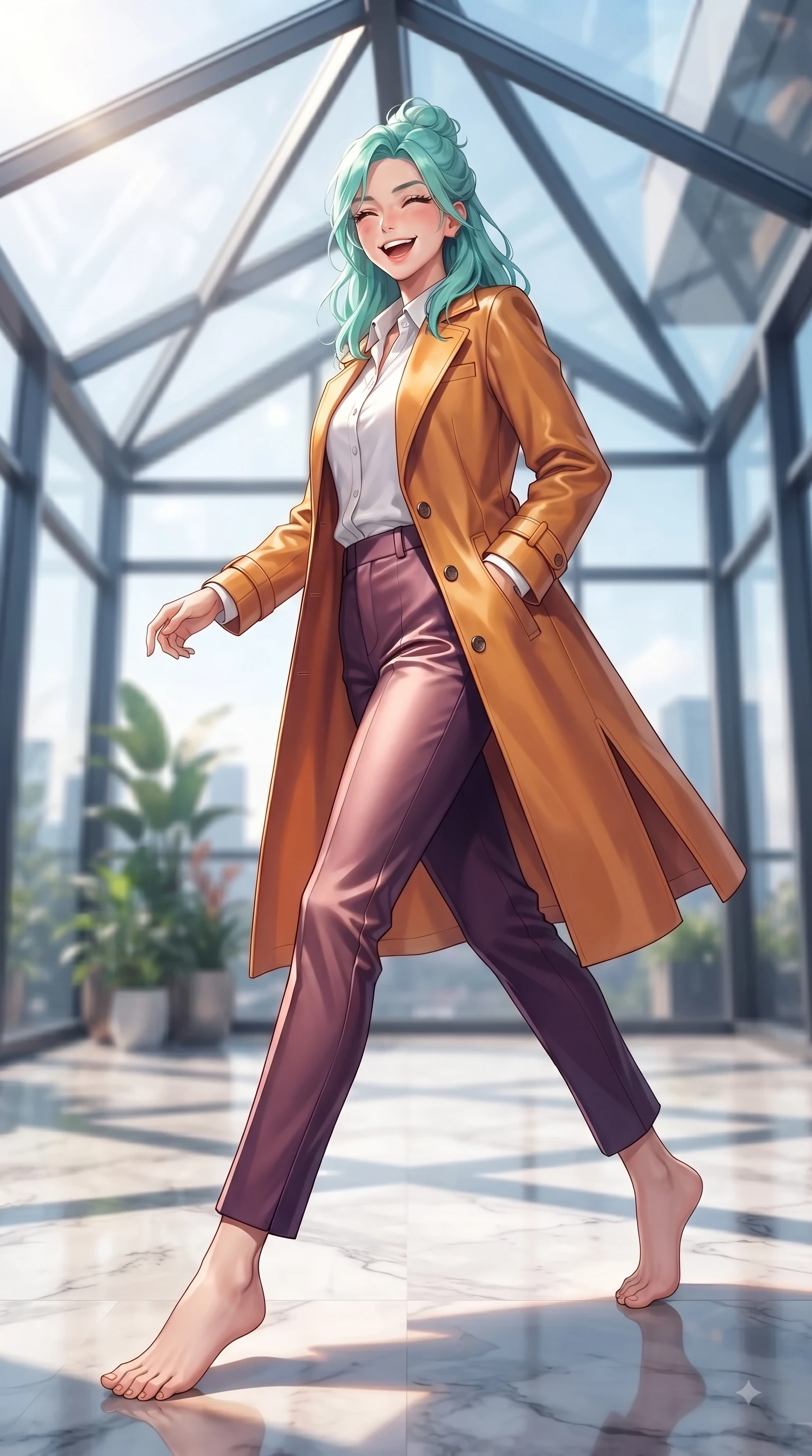 score_9, masterpiece, best quality, ultra-detailed, high-budget anime keyframe, editorial fashion photography, tasteful artistic composition, Japanese woman. low angle full-body shot from head to toe showing her feet, filling the entire 9:16 vertical frame with her statuesque presence, stretching her vertical silhouette. Playful cute grin with eyes crinkling in pure girlhood delight, leaning forward with adorable energy while walking poised across a polished marble floor inside a sleek glass pavilion. The composition keeps background elements in soft focus with dreamy bokeh. high-tech architectural lines blurring seamlessly into a soft-focus backdrop. She has an absolutely perfect, statuesque 8.5-heads proportion, an exceptionally tall and slender model-like female figure with impossibly long slender legs and an ultra-slim waist. sharp v-shaped jawline, high-bridge nose, intricate jewel-like eyes with depth, thick eyelashes, glossy lips with a natural sheen, flawlessly proportioned anatomical accuracy, natural body alignment, perfectly sculpted elegant limbs, clean dynamic posture without body distortion. wearing a stylish sunset amber trench coat over a crisp white shirt and tailored trousers in deep amethyst purple and rose gold, crafted from smooth liquid silk satin, finished with a sleek side slit ascending to mid-thigh, the tailored fit highlighting her statuesque and model-like silhouette. bathed in crisp, high-contrast sunlight filtering through geometric glass panes. ultra-reflective glossy finish, specular highlights, metallic sheen, high-contrast stereoscopic depth, volumetric dynamic lighting, 2k, ultra detail, master piece, 9:16 ratio