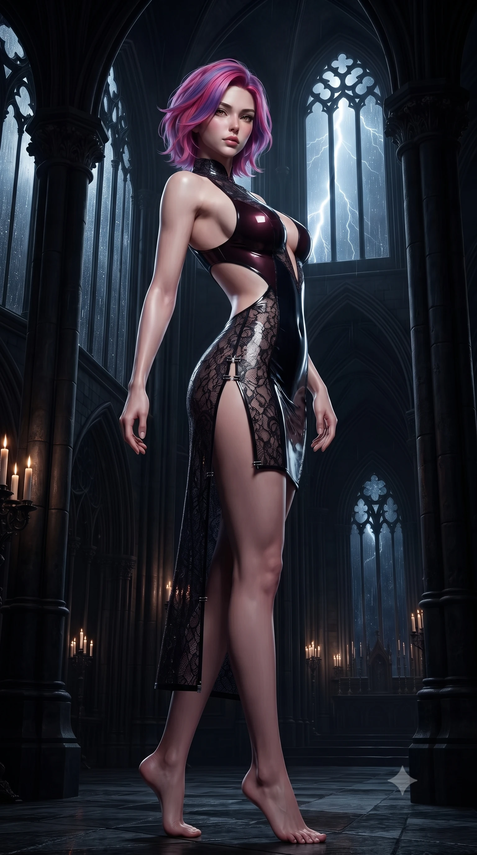 score_9, masterpiece, best quality, ultra-detailed, high-budget anime keyframe, editorial fashion photography, tasteful artistic composition, Caucasian woman. low angle full-body shot from head to toe showing her feet, filling the entire 9:16 vertical frame with her statuesque presence, stretching her vertical silhouette. arching her spine in a fluid zero-gravity turn with sovereign grace, her long slender legs and sculpted torso creating a sweeping line with provocative poise while standing poised between towering obsidian pillars inside a dark Gothic cathedral as lightning illuminates rain-streaked stained glass. The surrounding environment is rendered in vivid detail and crisp panoramic clarity. sharp gothic window tracery, flickering candle wax textures, and dark stone arches rendered in high resolution. She has an absolutely perfect, statuesque 8.5-heads proportion, an exceptionally tall and slender model-like female figure with impossibly long slender legs, a toned flat midriff, and an ultra-slim waist. sharp v-shaped jawline, high-bridge nose, intricate jewel-like eyes with depth, thick eyelashes, glossy lips with a natural sheen, flawlessly proportioned anatomical accuracy, strict slender model proportions, natural body alignment, perfectly sculpted long slender limbs, ultra-slim waistline, clean dynamic posture without body distortion. wearing a second-skin midnight black latex mini dress with a dramatic open-back design wrapping around her waist and a plunging neckline in deep burgundy wine and specular dark chrome, crafted from delicate dark lace interwoven with luminescent micro-fibers, finished with an ultra-high side slit secured by miniature magnetic clasps, the liquid-tight tailored fabric emphasizing every curve of her tall, slender model proportions and sculptured silhouette during dynamic movement. surrounded by a dark, mysterious, and intensely seductive gothic-noir vampire queen aura. ultra-reflective glossy finish, specular highlights, dark metallic sheen, deep chiaroscuro contrast, volumetric dynamic shadow lighting, 2k, ultra detail, master piece, 9:16 ratio